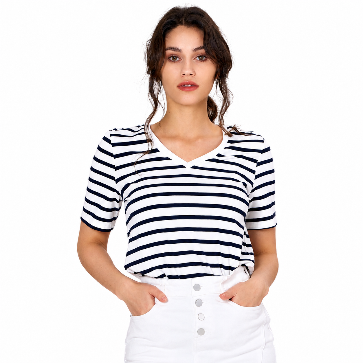 T-shirt marinière col V en coton