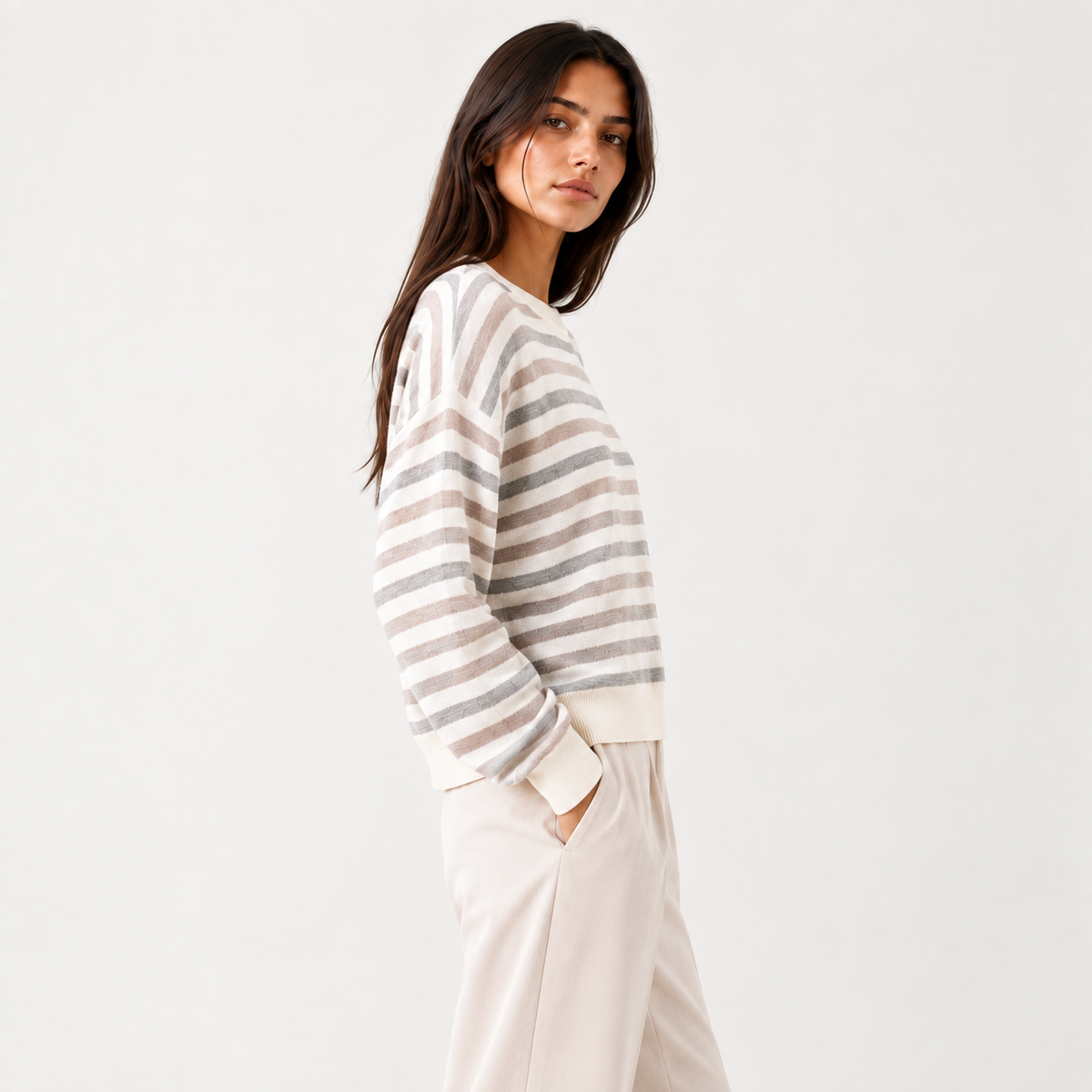 Pull femme rayé en laine et cachemire et soie