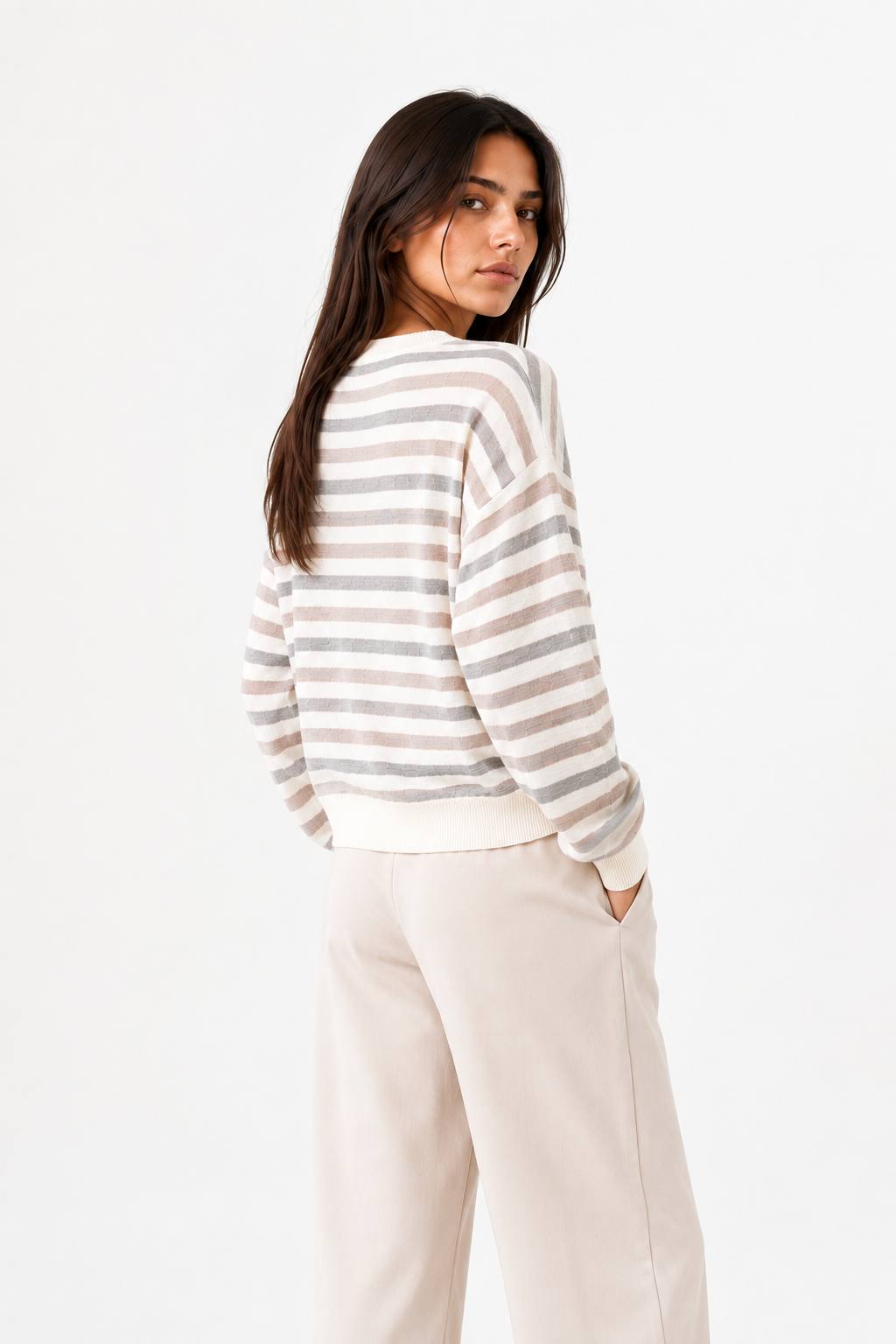 Pull femme rayé en laine et cachemire et soie