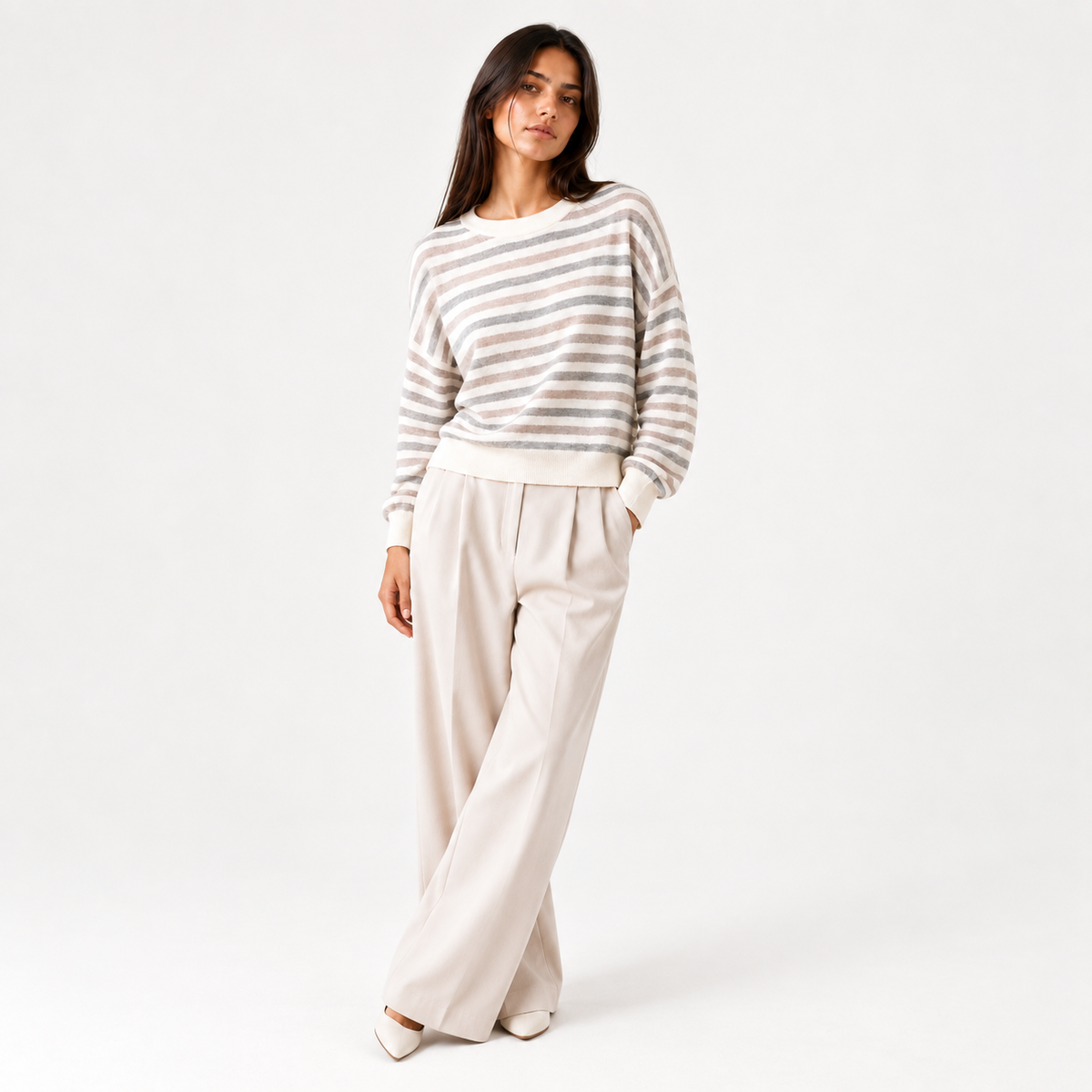 Pull femme rayé en laine et cachemire et soie