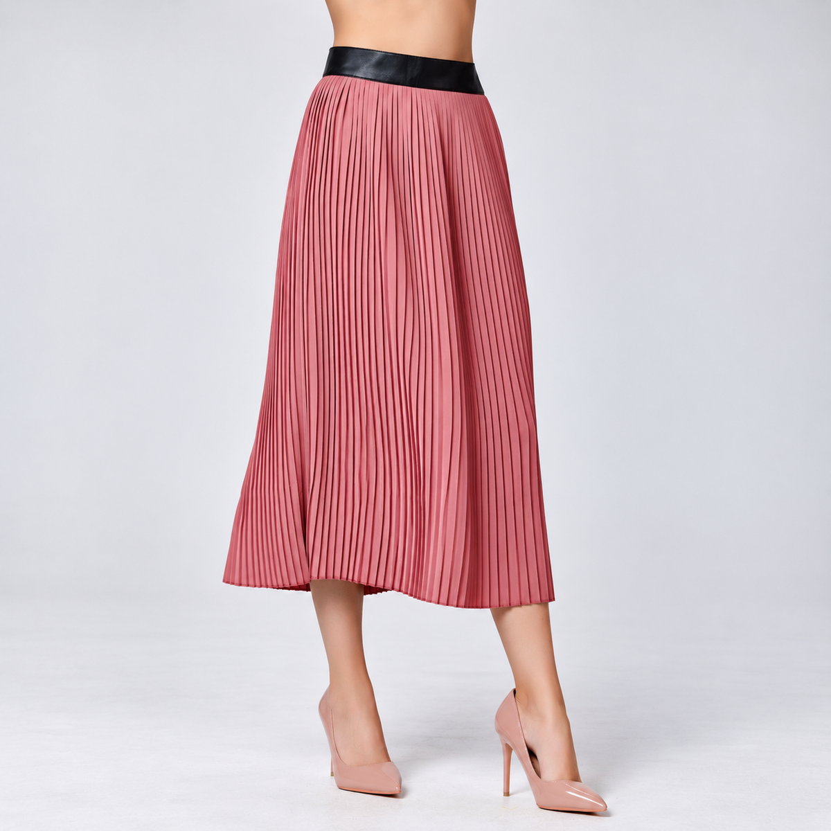 Jupe midi plissée avec taille effet cuir