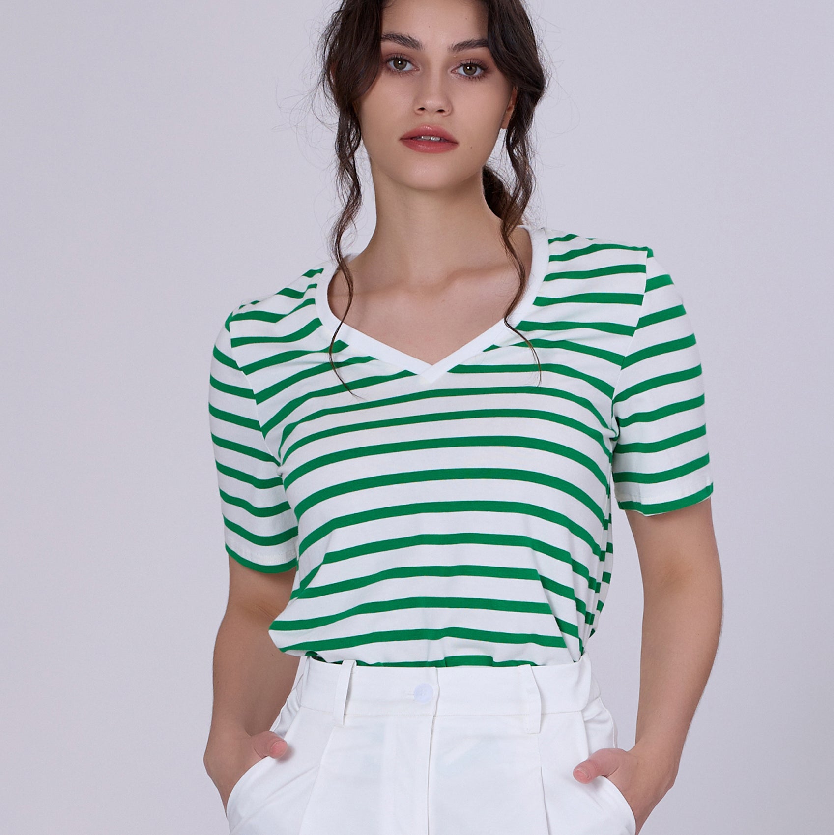 T-shirt marinière col V en coton