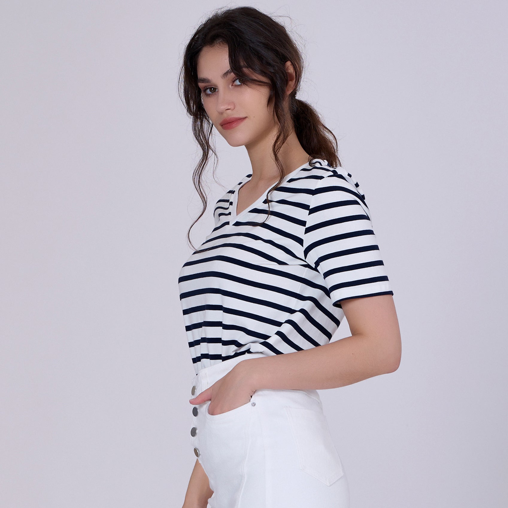 T-shirt marinière col V en coton