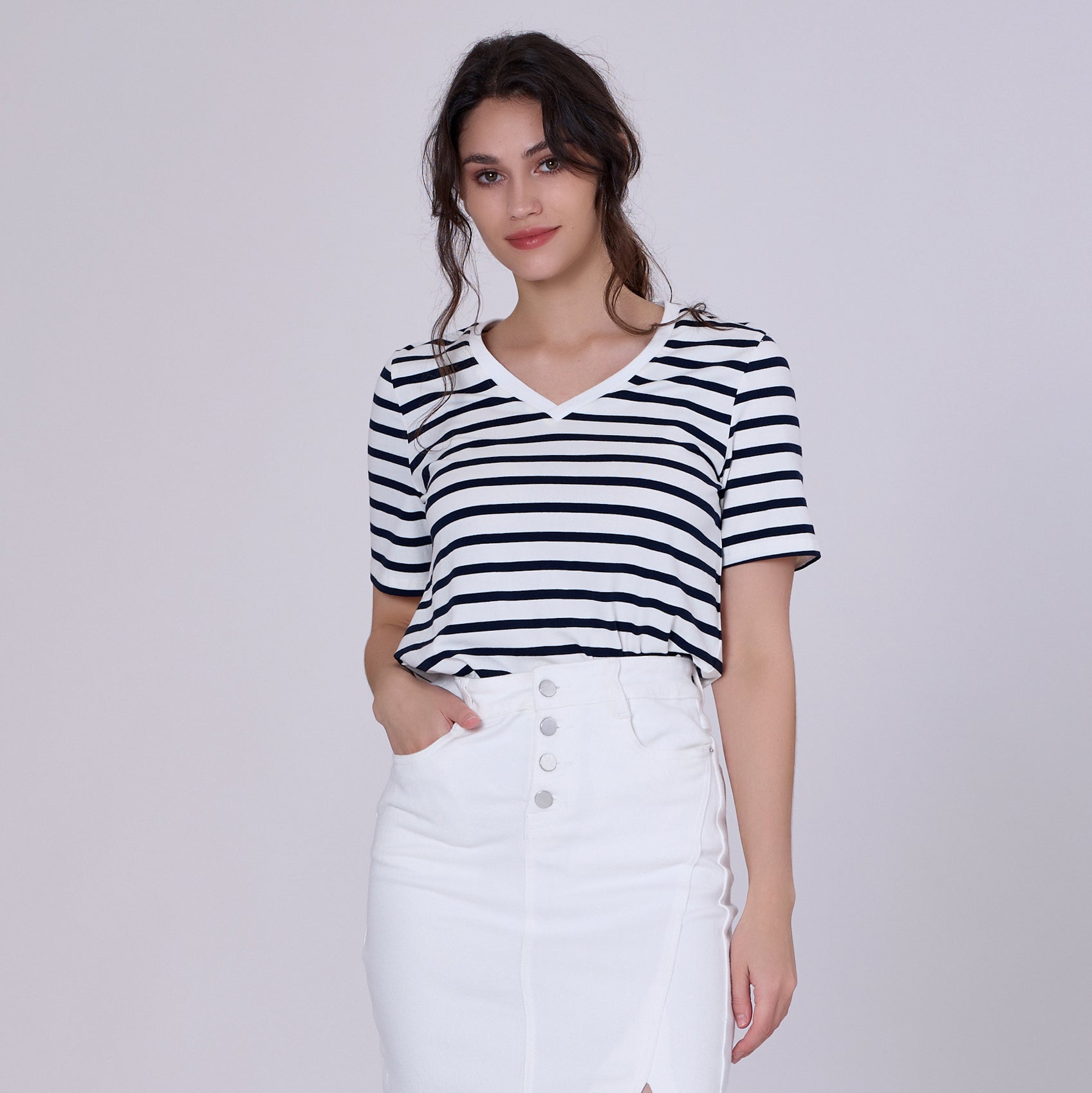 T-shirt marinière col V en coton
