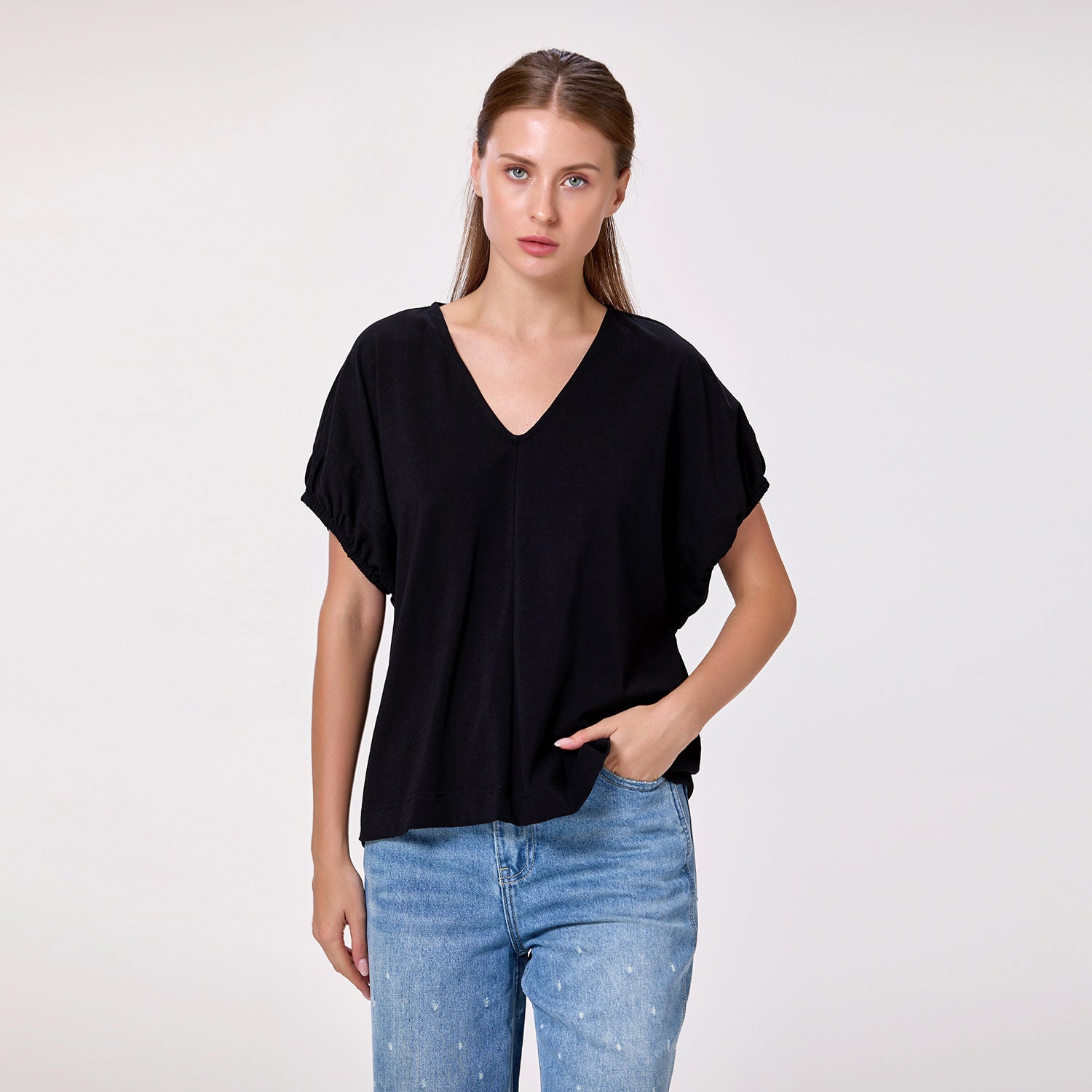 Blouse décontractée en coton col V