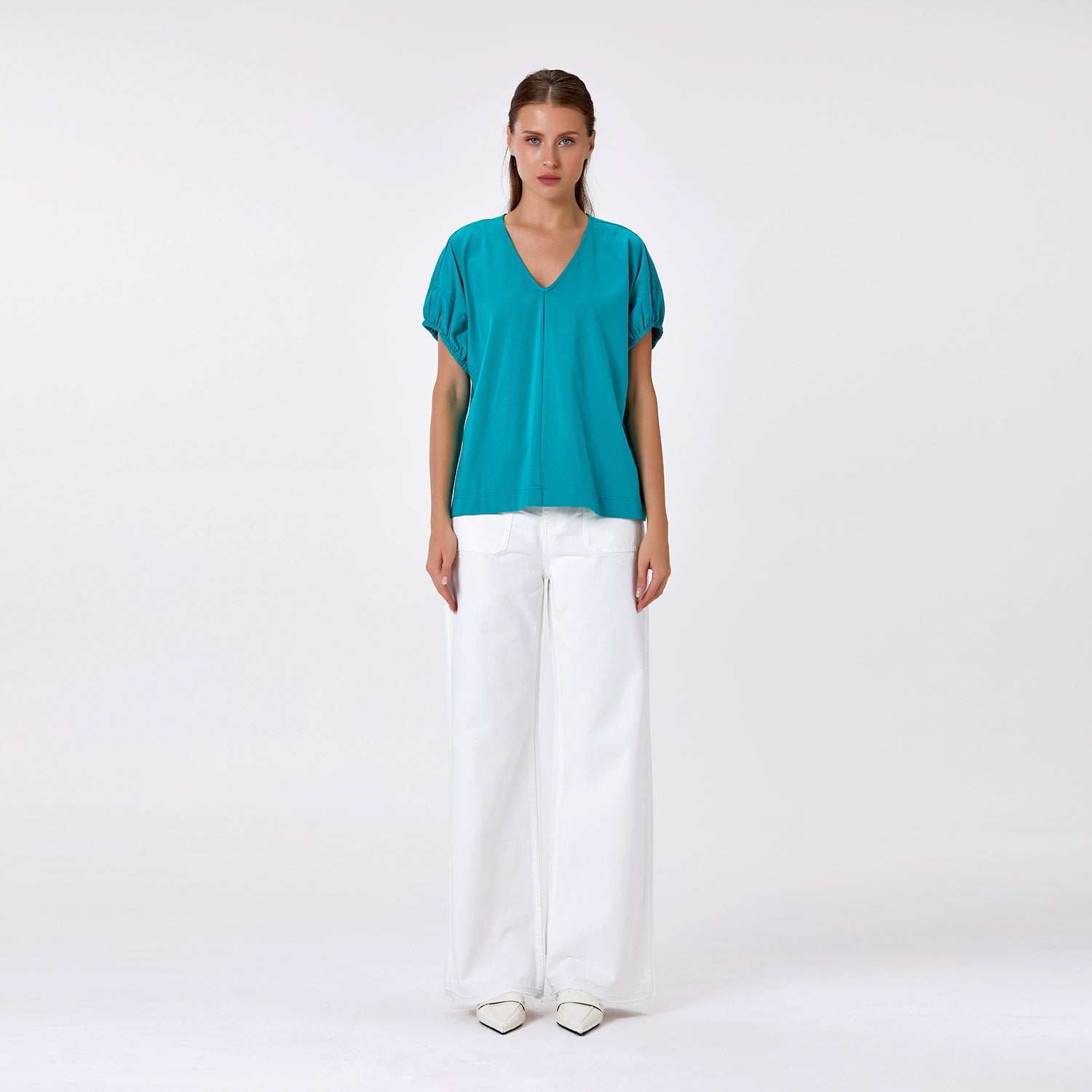 Blouse décontractée en coton col V