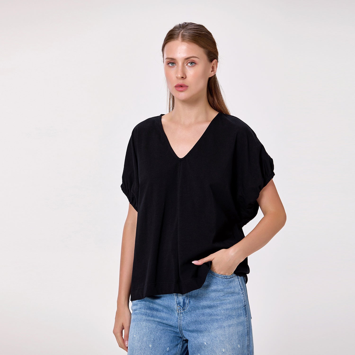 Blouse décontractée en coton col V
