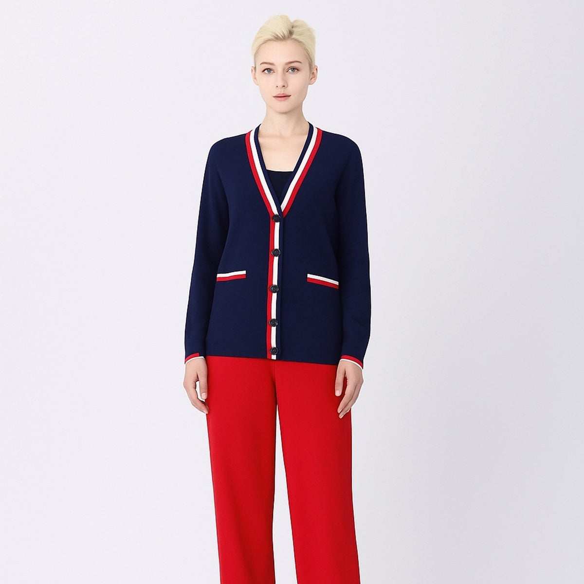 Cardigan Femme Col V à Rayures Contrastantes et Boutons