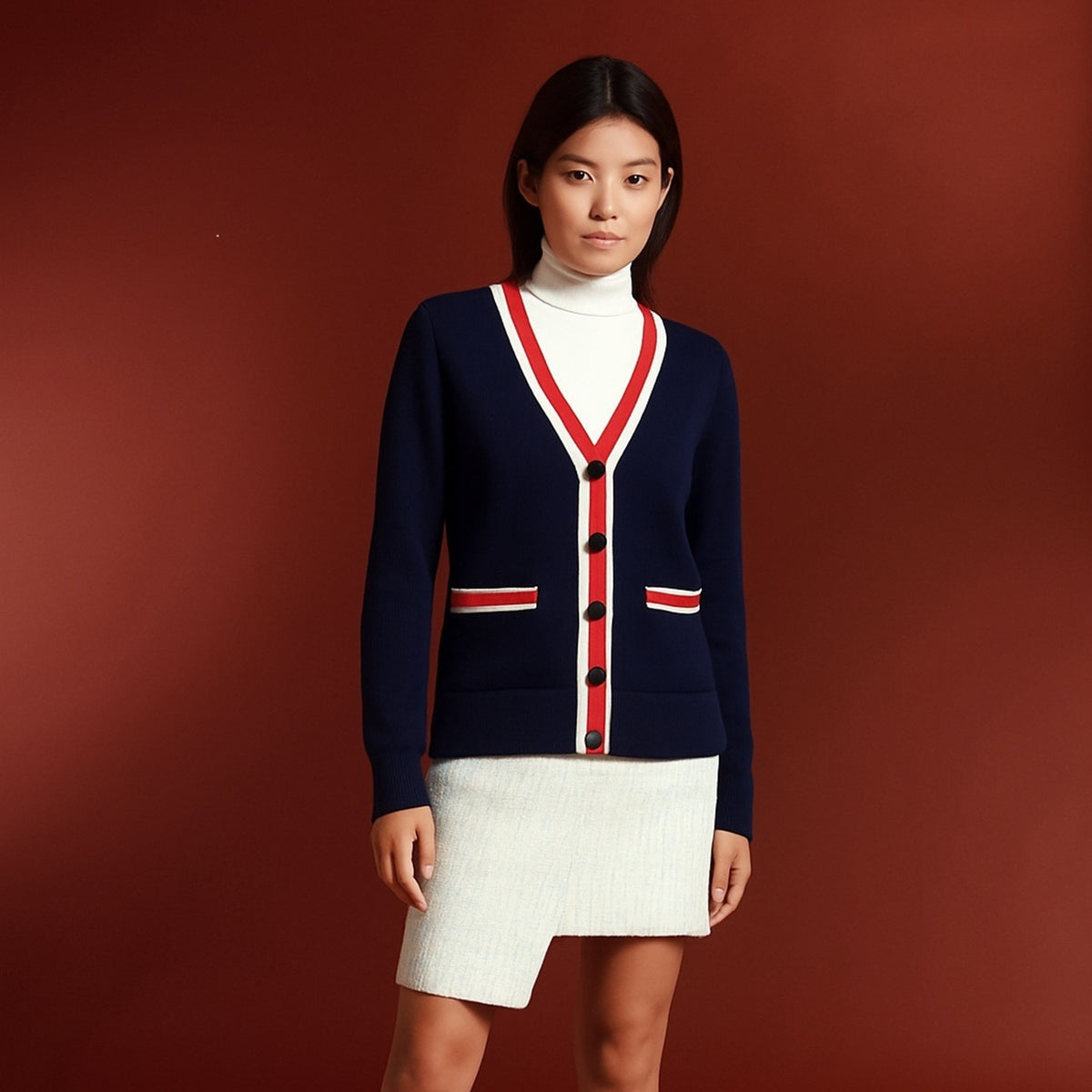 Cardigan Femme Col V à Rayures Contrastantes et Boutons
