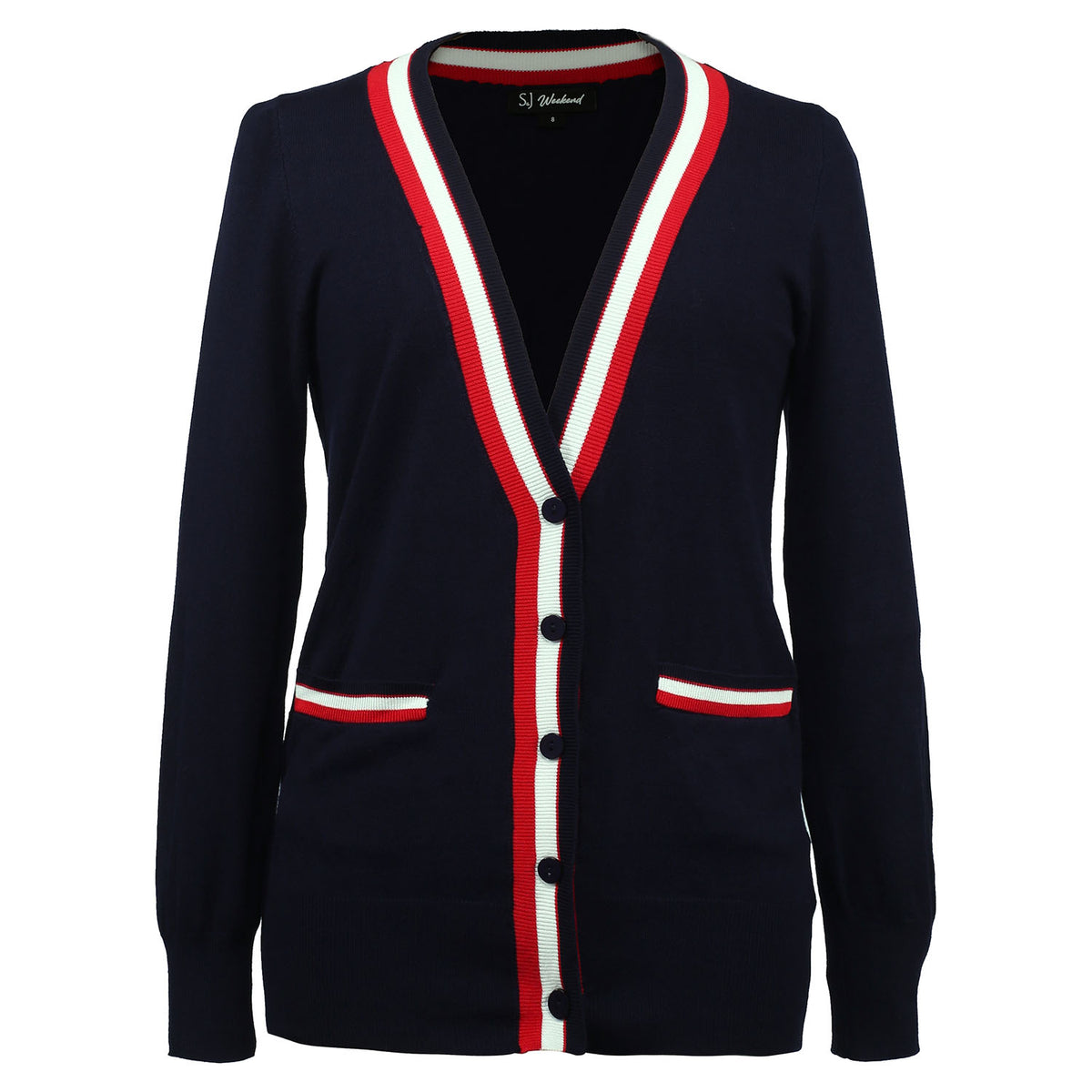 Cardigan Femme Col V à Rayures Contrastantes et Boutons