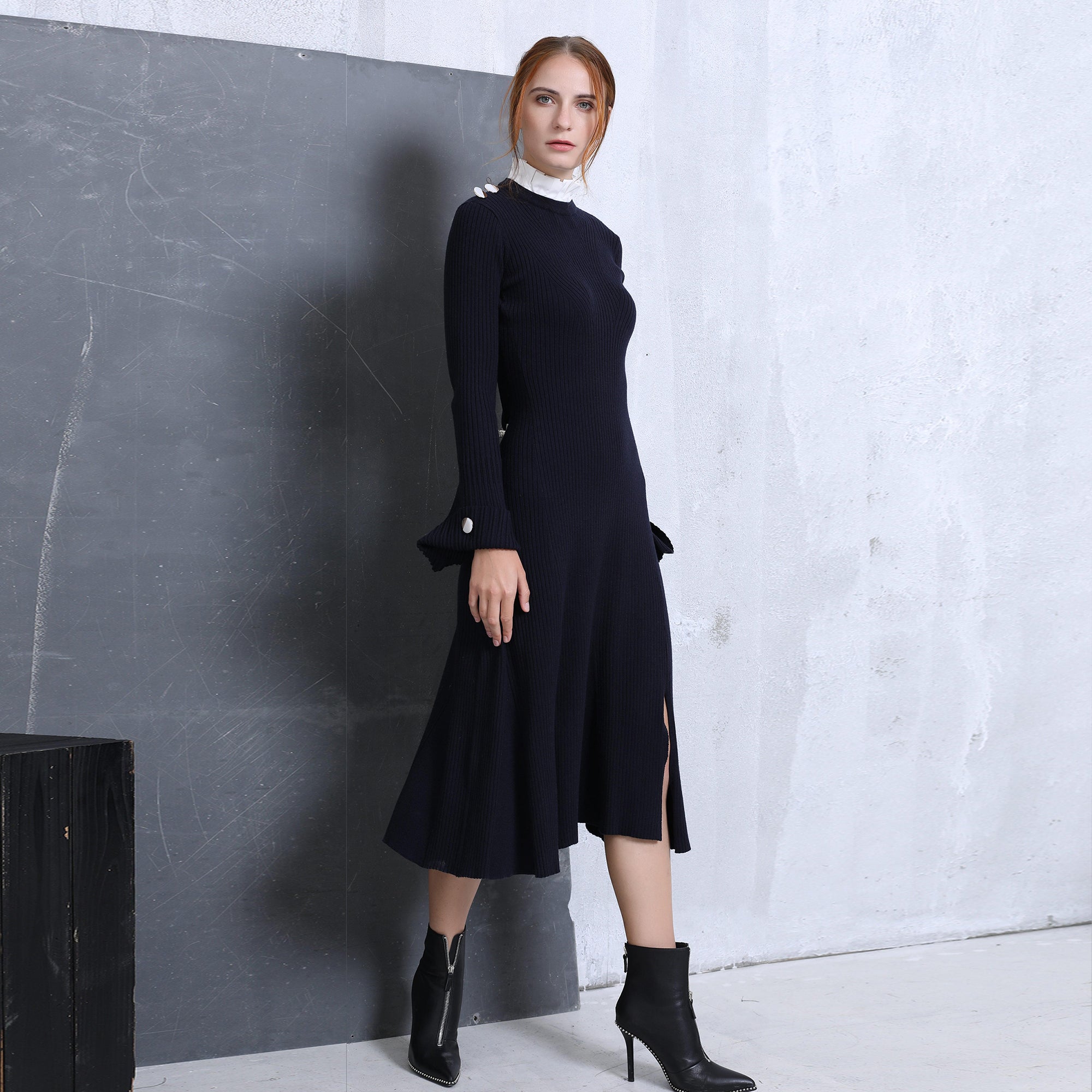 Robe maille à col plissé