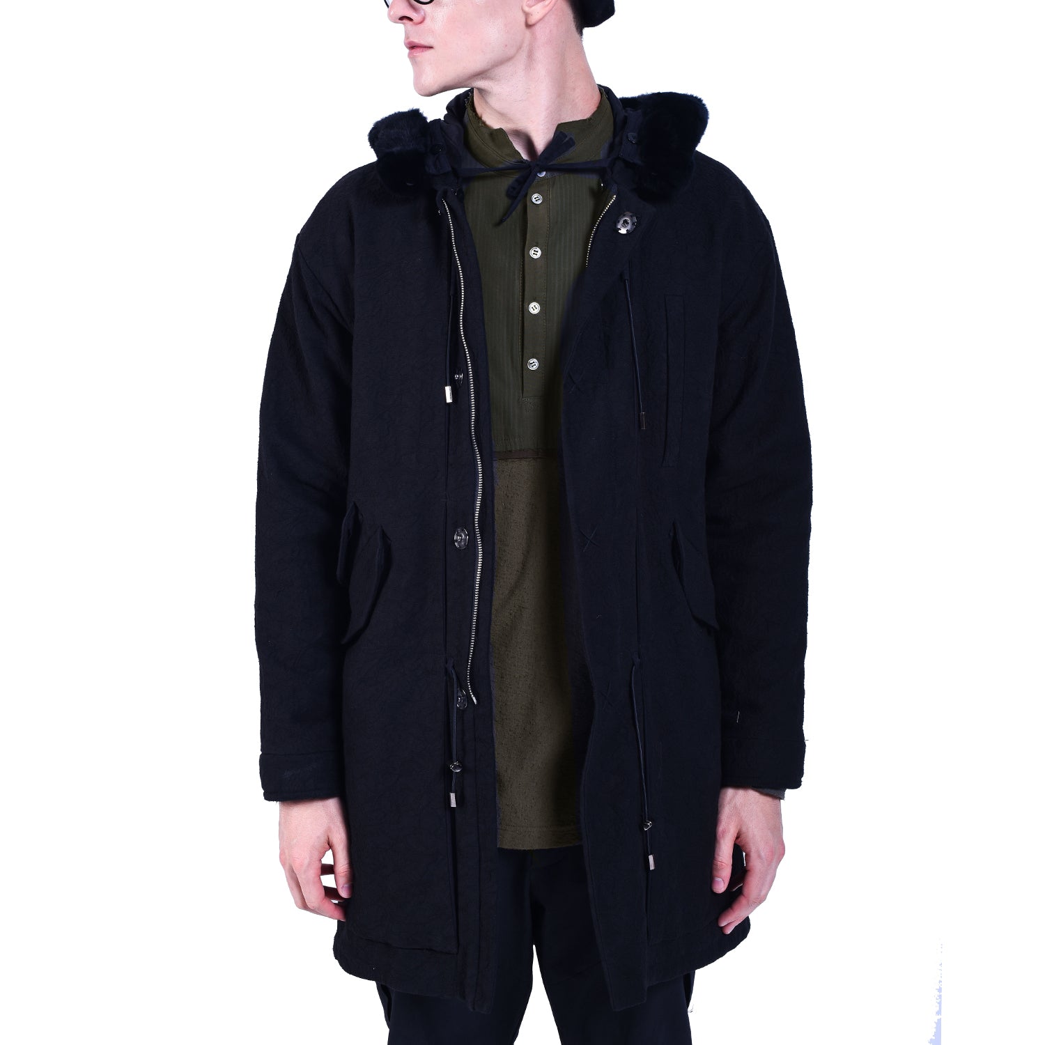 Manteau à capuche en coton avec col en fourrure de lapin