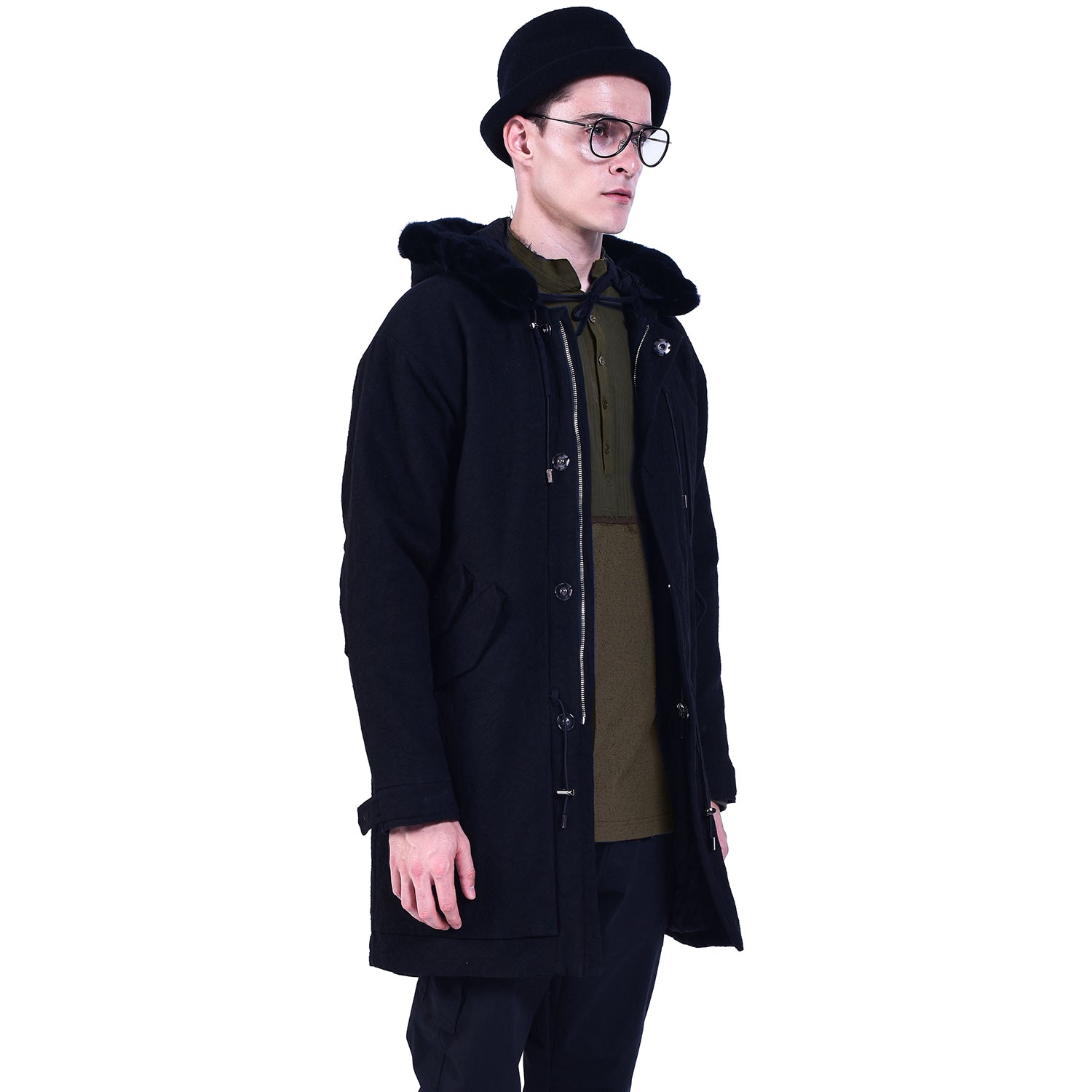 Manteau à capuche en coton avec col en fourrure de lapin