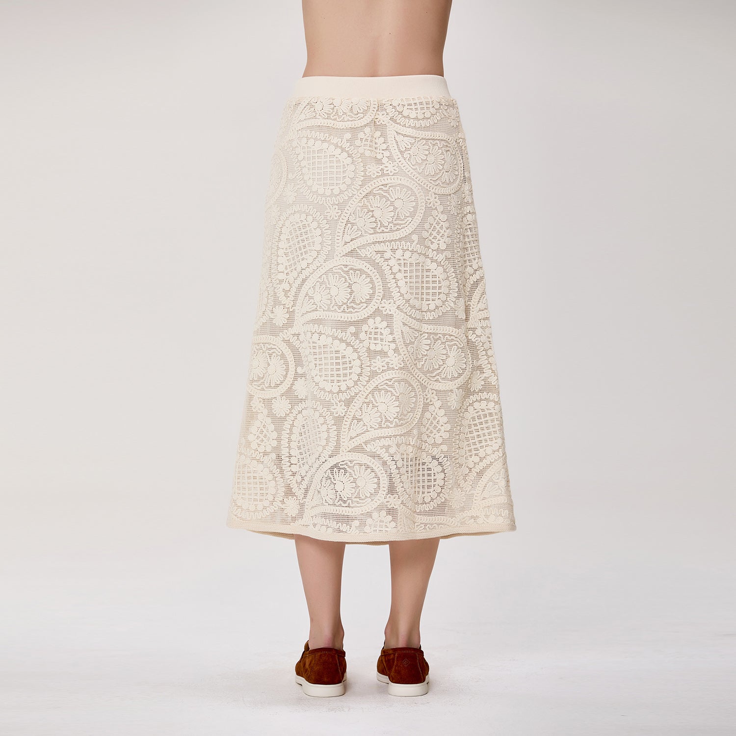 Jupe midi droite en dentelle guipure florale