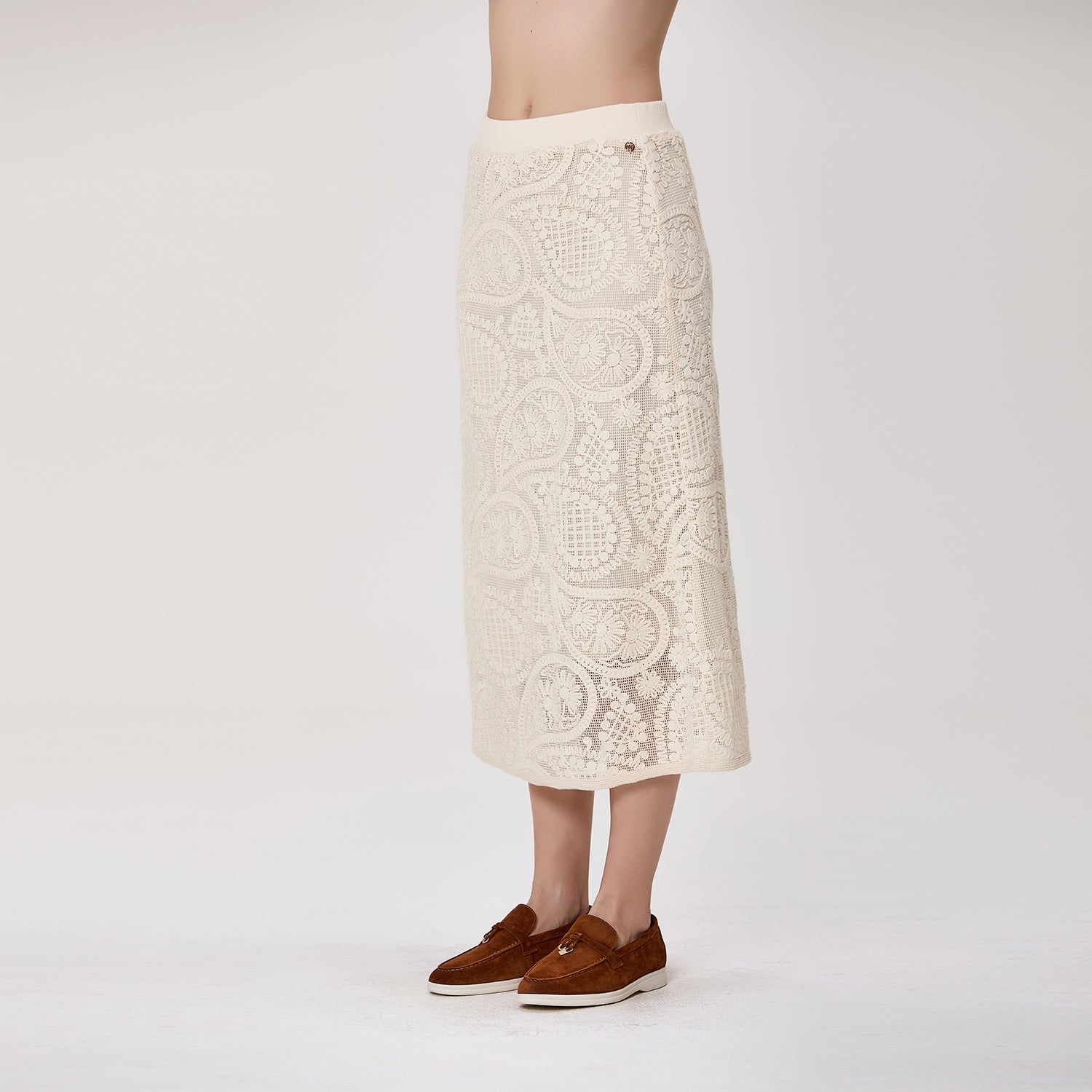 Jupe midi droite en dentelle guipure florale