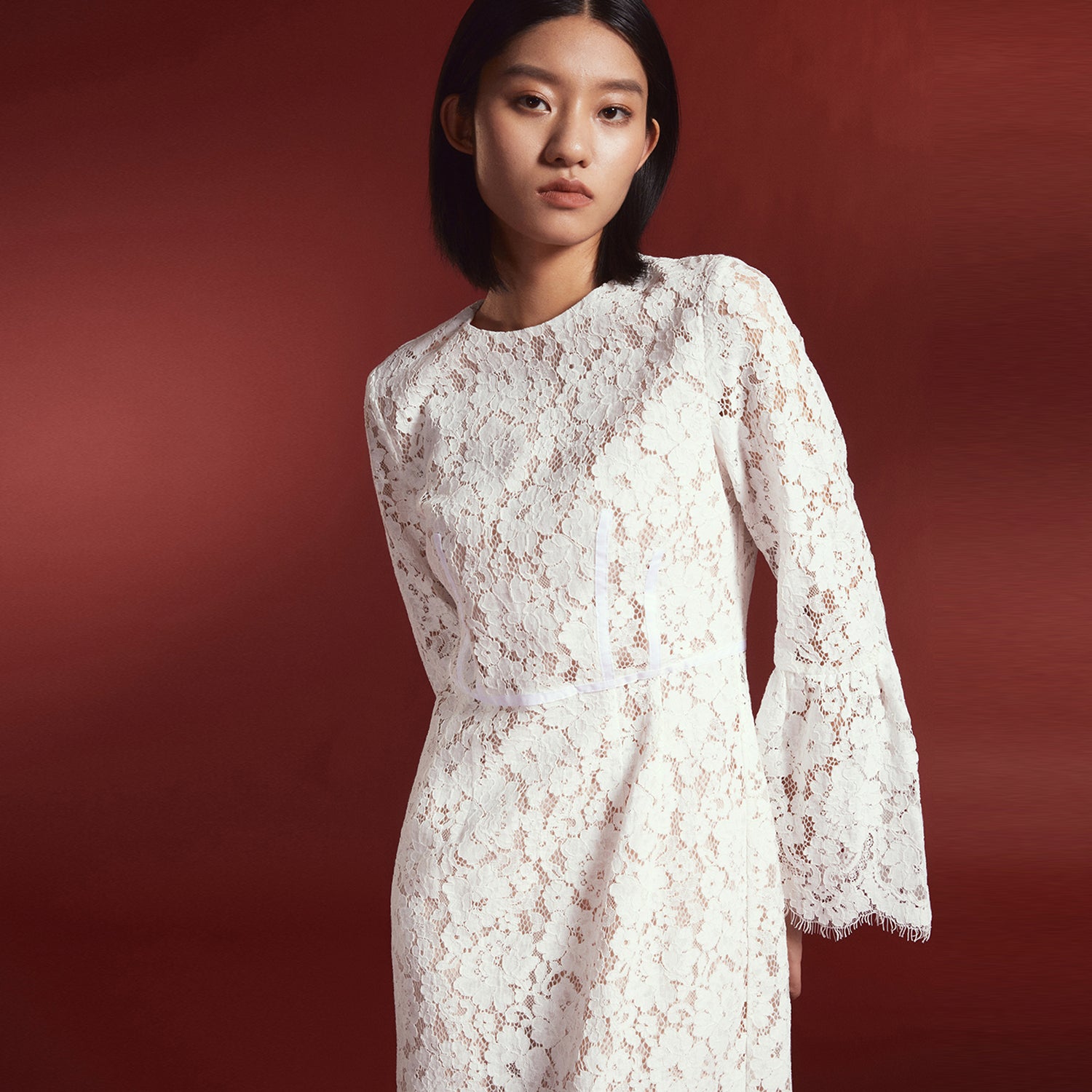 Robe en dentelle ajustée à lignes bustier et manches tulipes