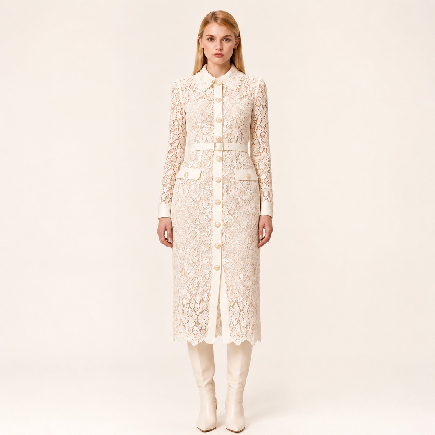 Robe Chemisier en Dentelle à Manches Longues