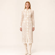 Robe Chemisier en Dentelle à Manches Longues