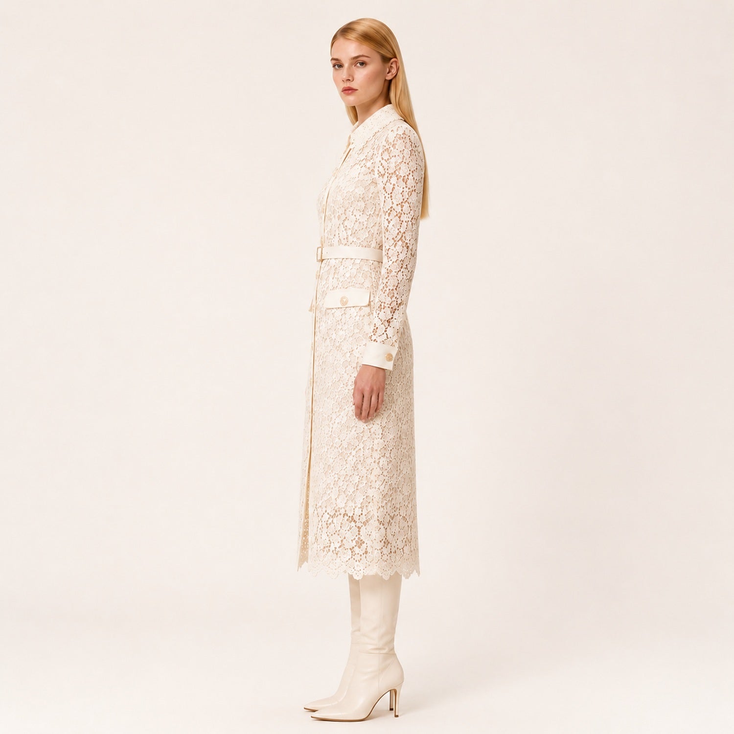 Robe Chemisier en Dentelle à Manches Longues