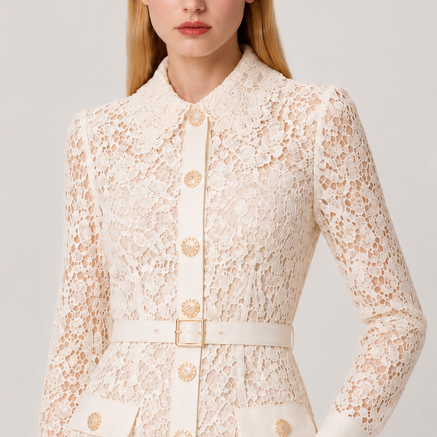 Robe Chemisier en Dentelle à Manches Longues