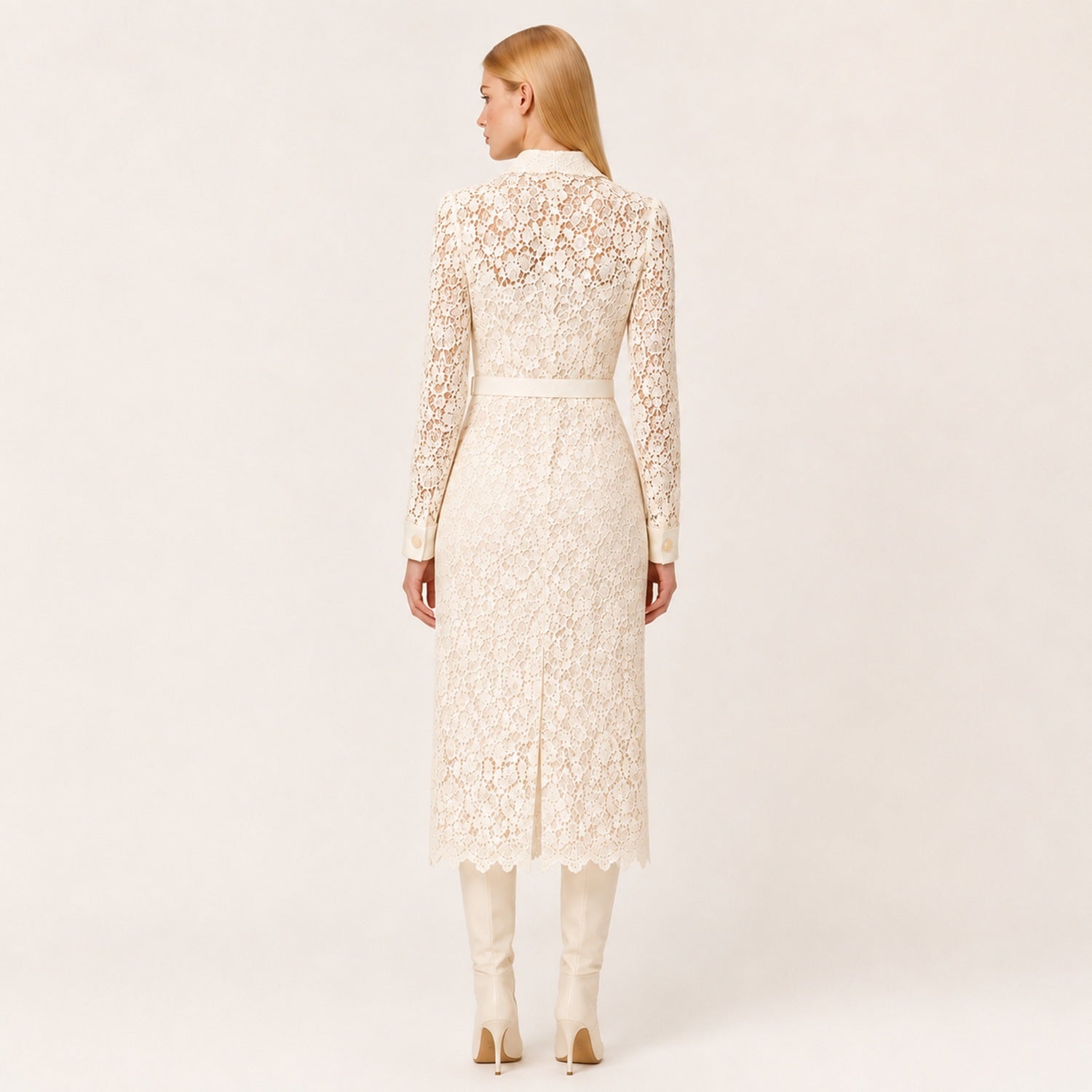 Robe Chemisier en Dentelle à Manches Longues