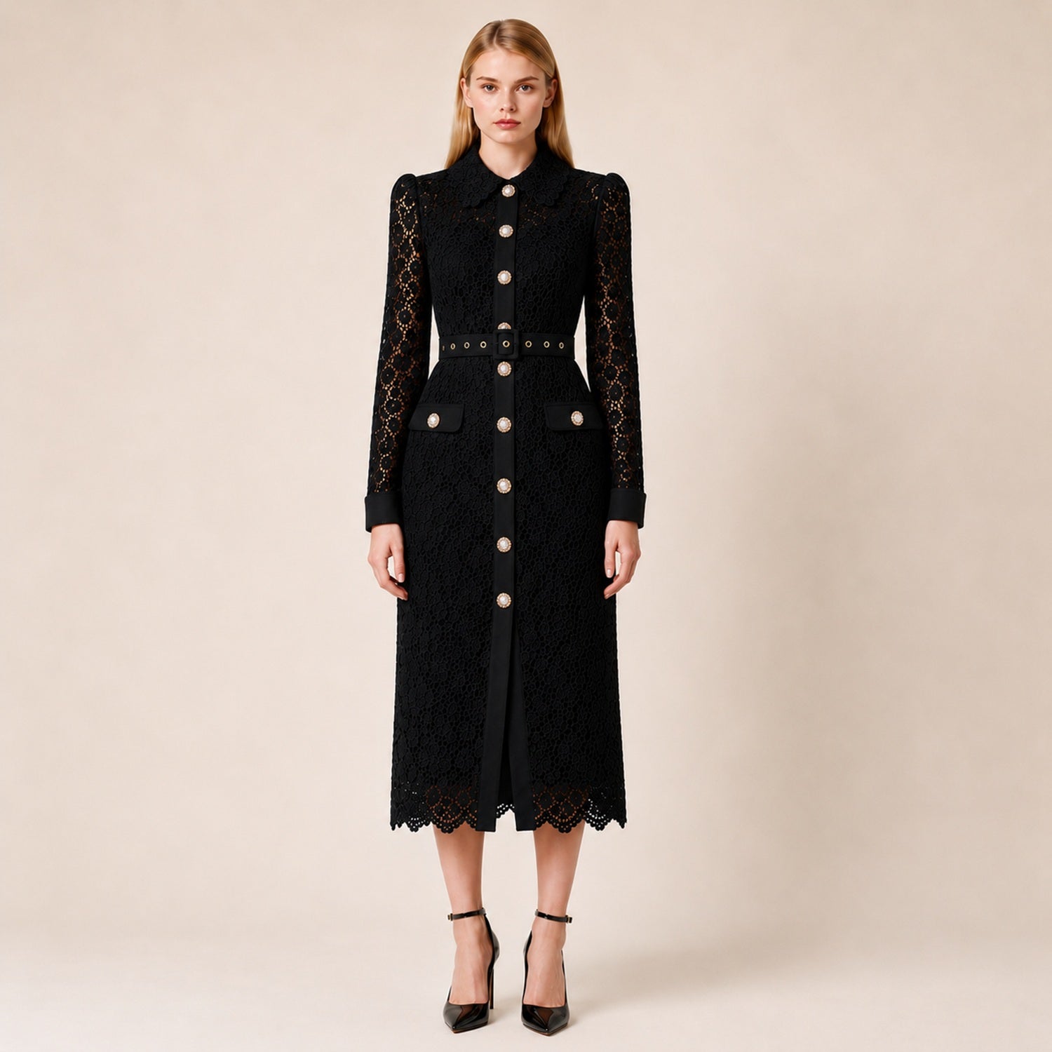 Robe Chemisier en Dentelle à Manches Longues