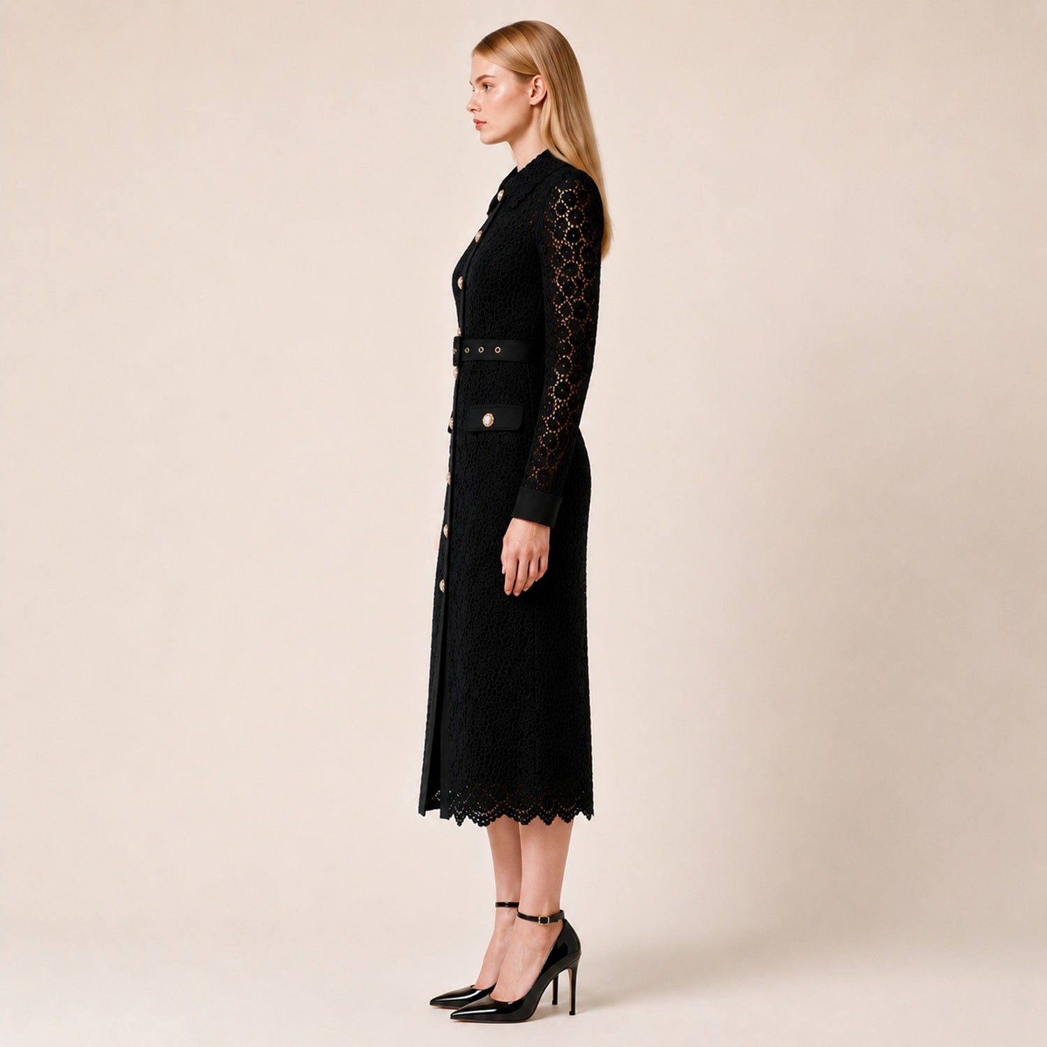 Robe Chemisier en Dentelle à Manches Longues
