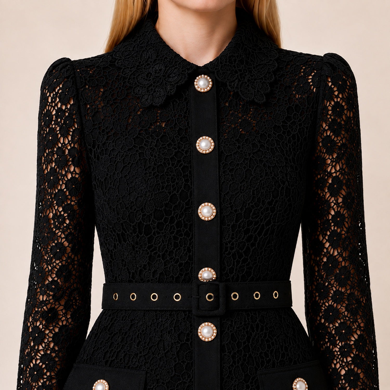 Robe Chemisier en Dentelle à Manches Longues