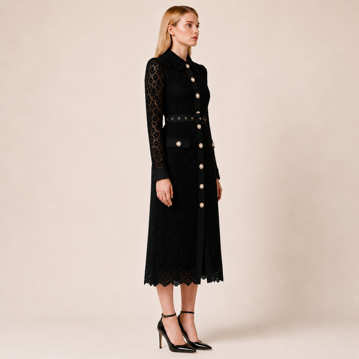 Robe Chemisier en Dentelle à Manches Longues