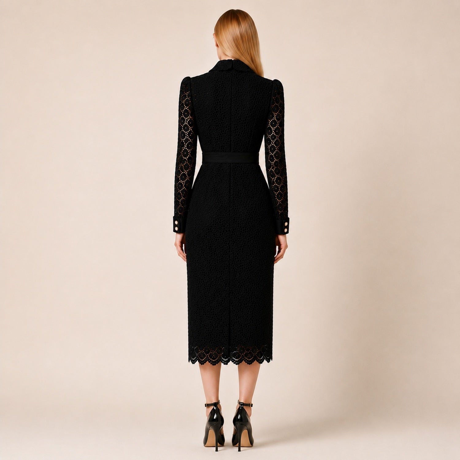 Robe Chemisier en Dentelle à Manches Longues