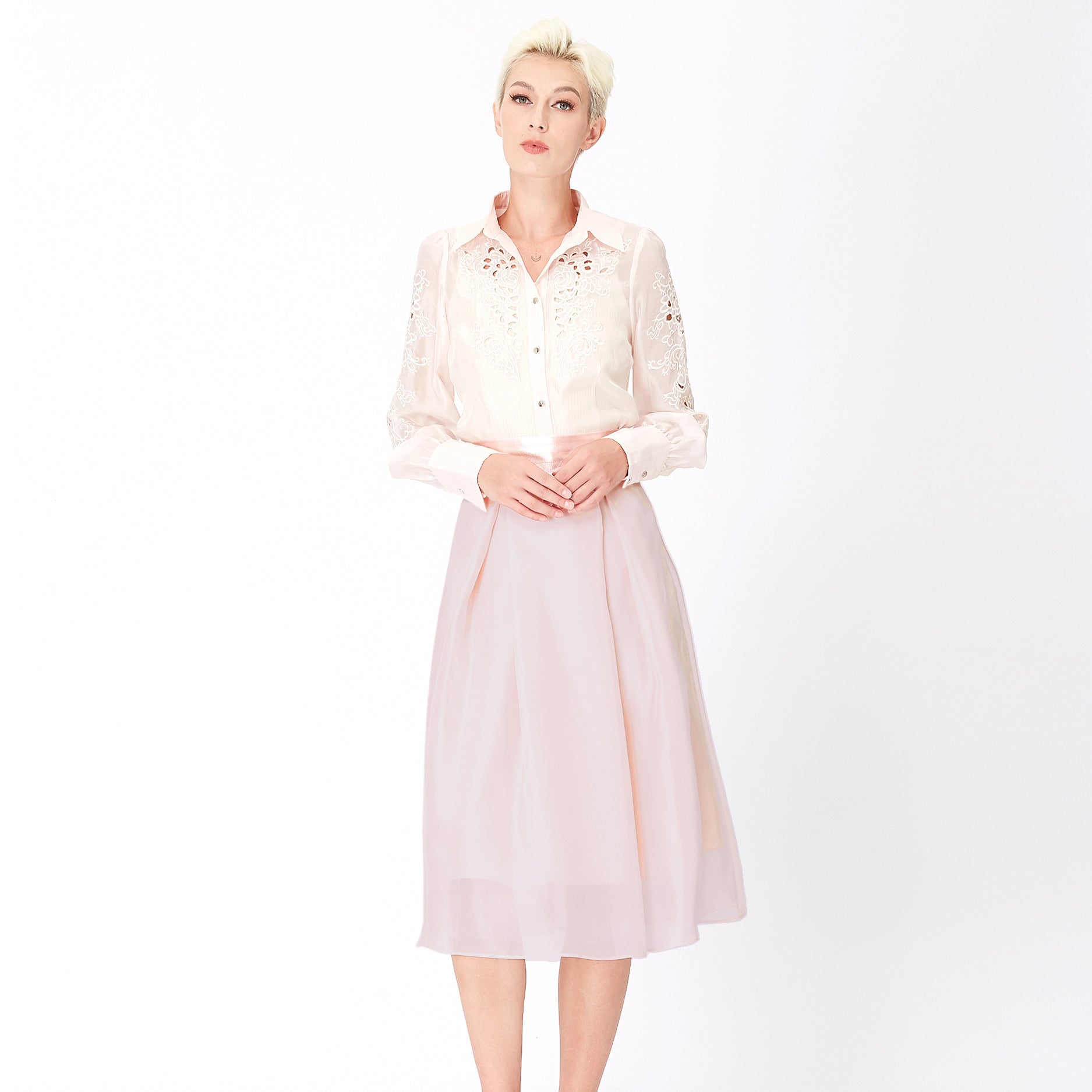 Jupe évasée en organza et satin
