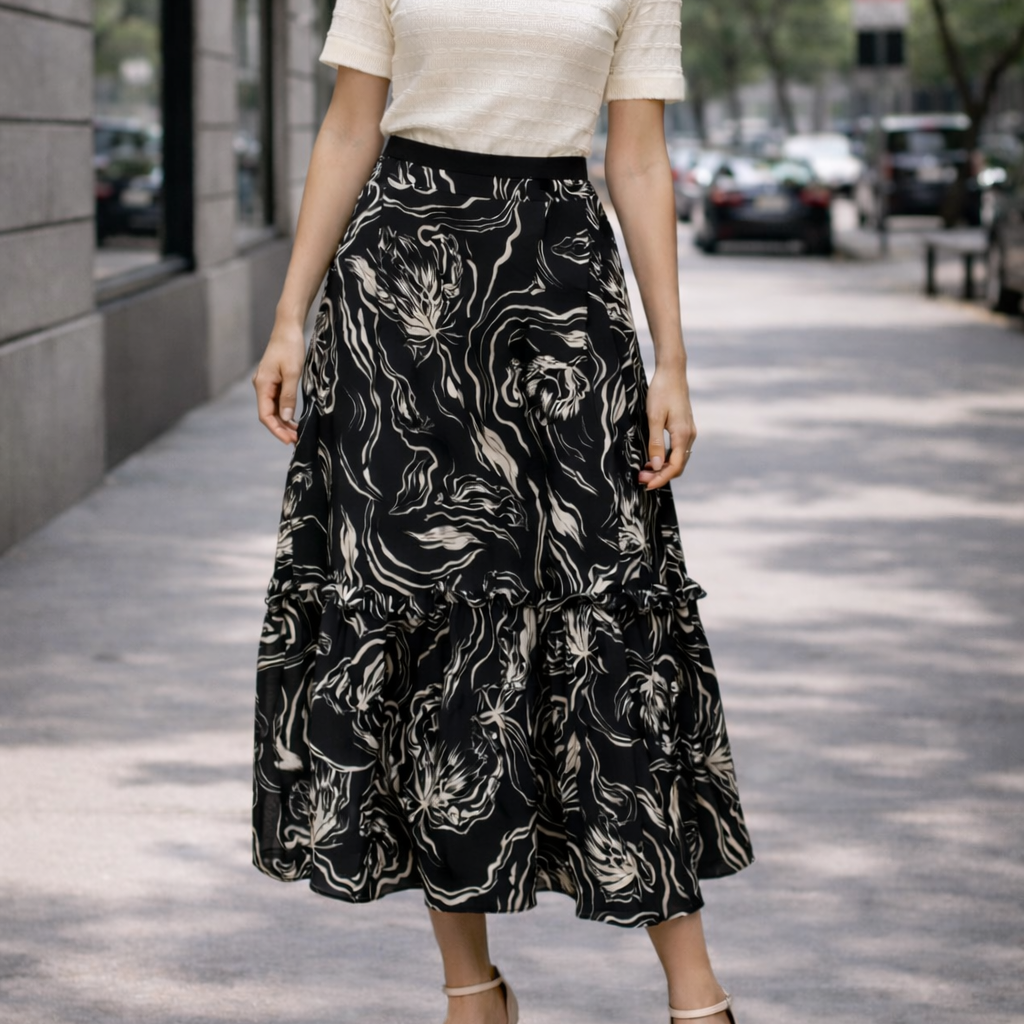 Jupe midi évasée à imprimé graphique