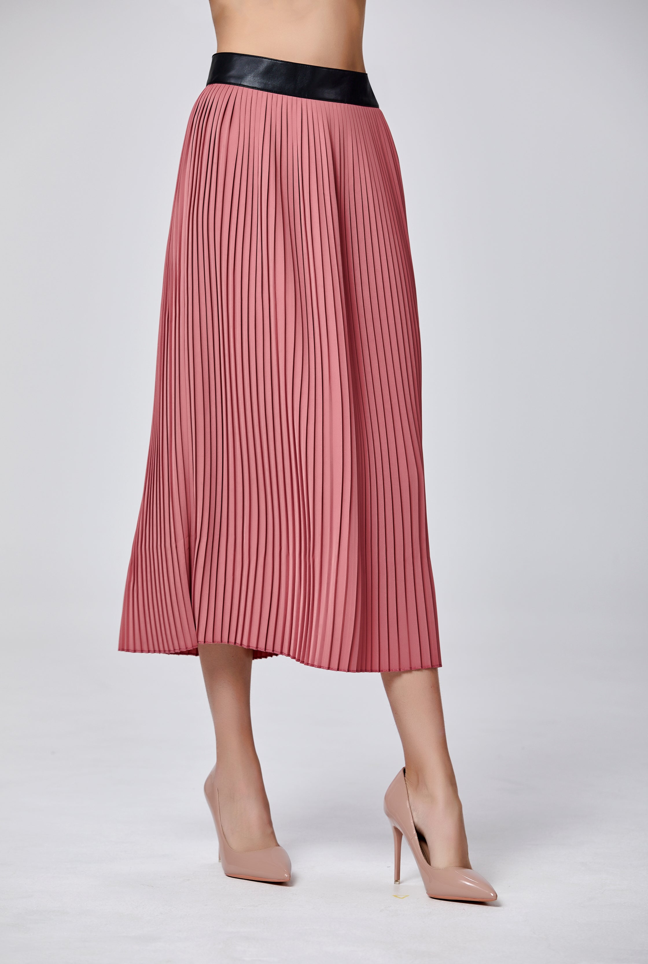 Jupe midi plissée avec taille effet cuir