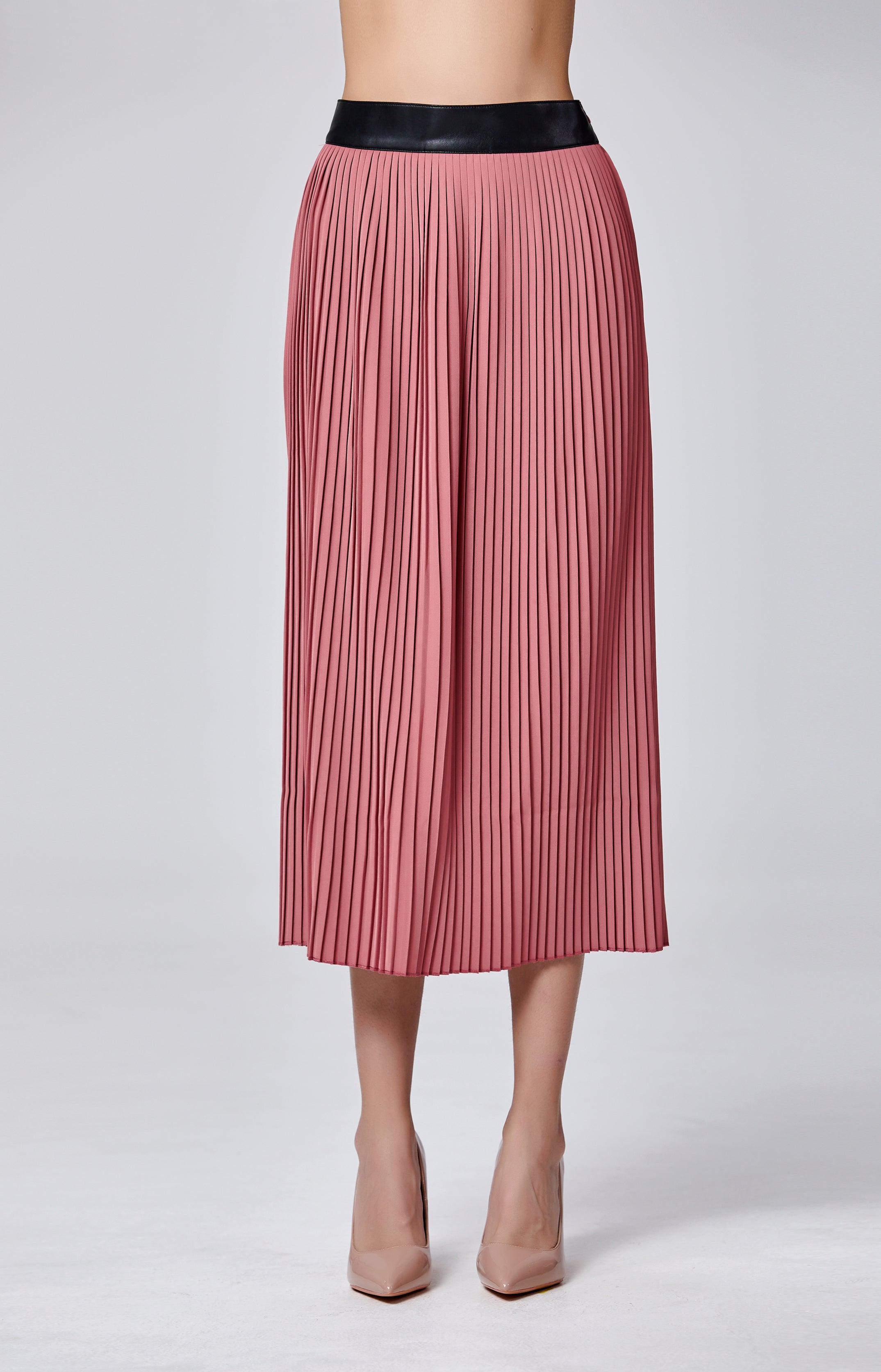 Jupe midi plissée avec taille effet cuir