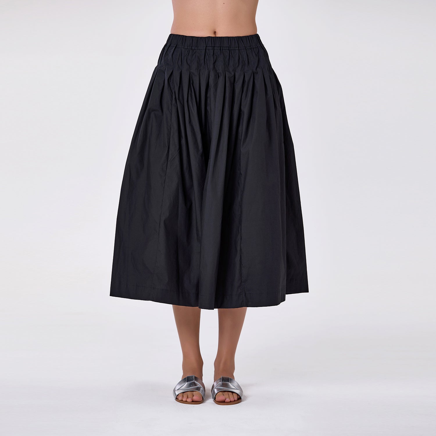 Jupe midi ample en coton à taille smockée