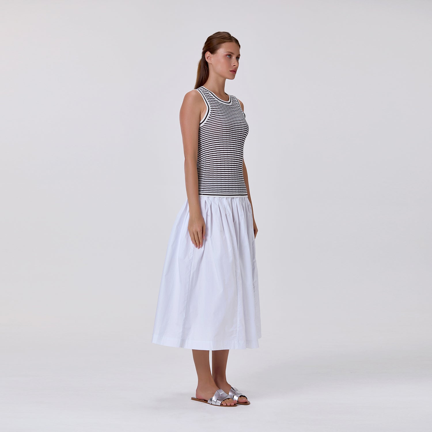 Jupe midi ample en coton à taille smockée