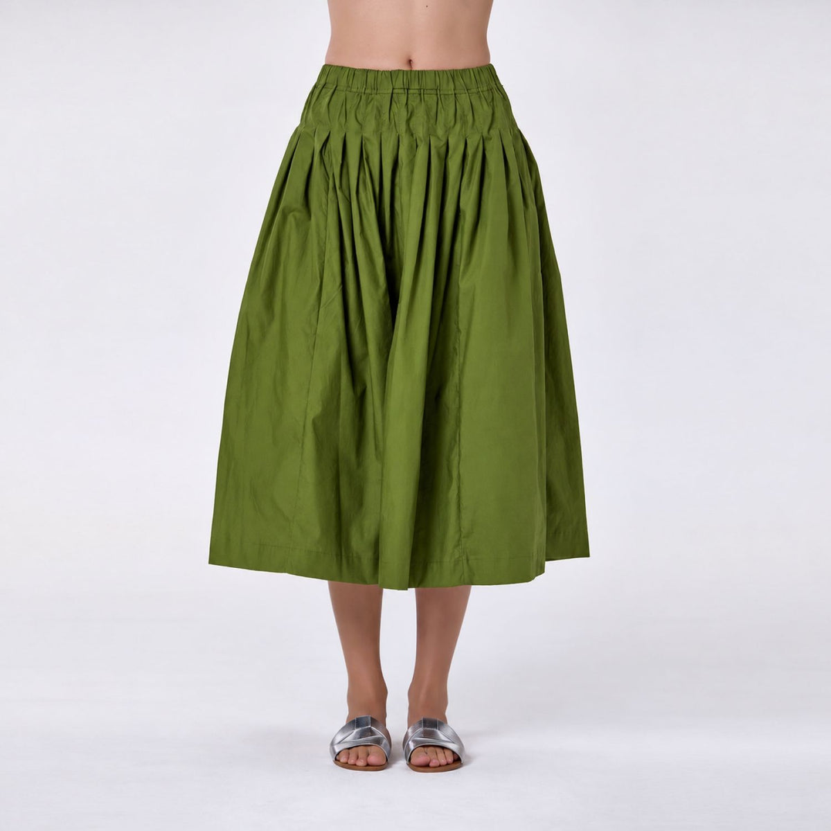 Jupe midi ample en coton à taille smockée