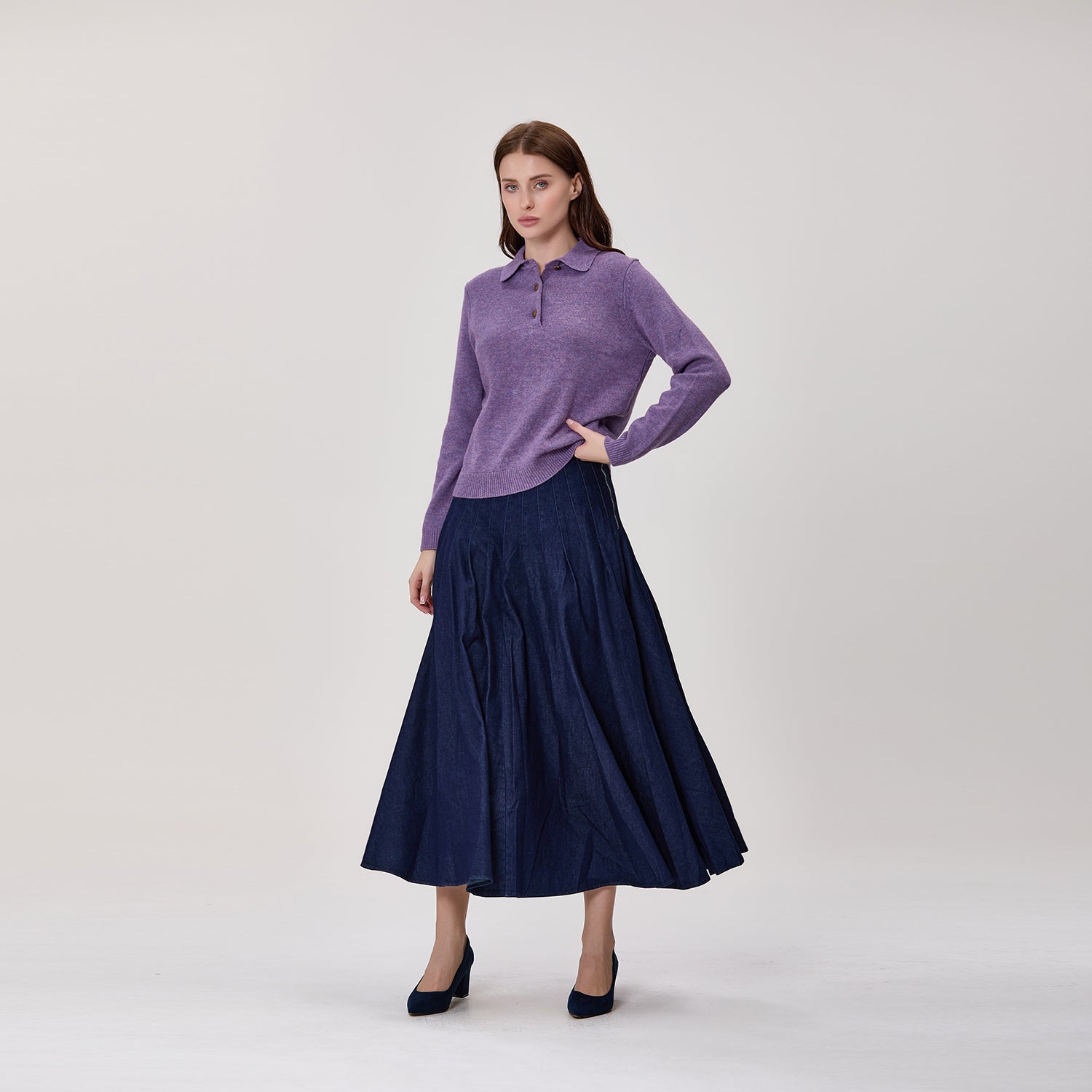 Jupe midi évasée en jean à plis piqués