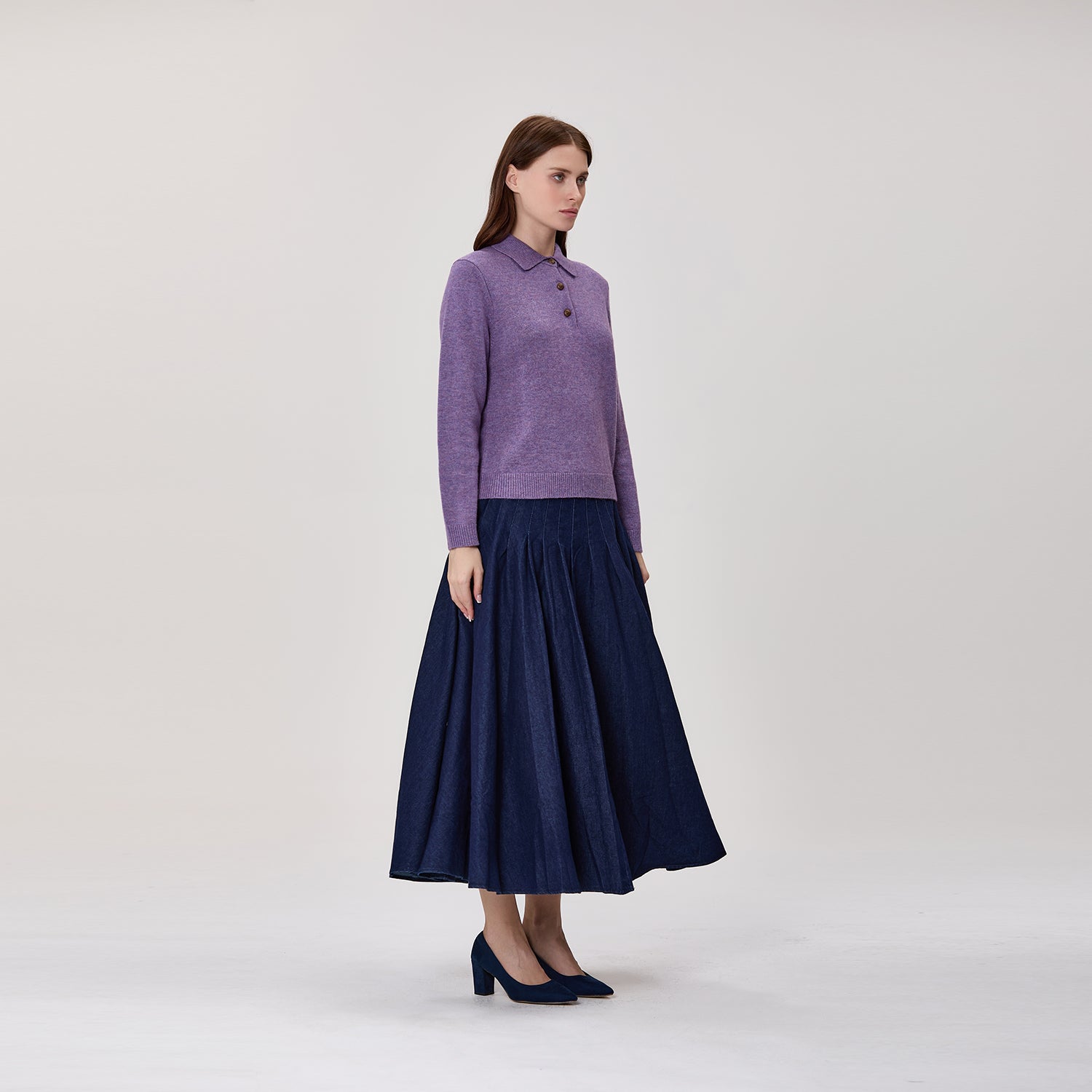 Jupe midi évasée en jean à plis piqués