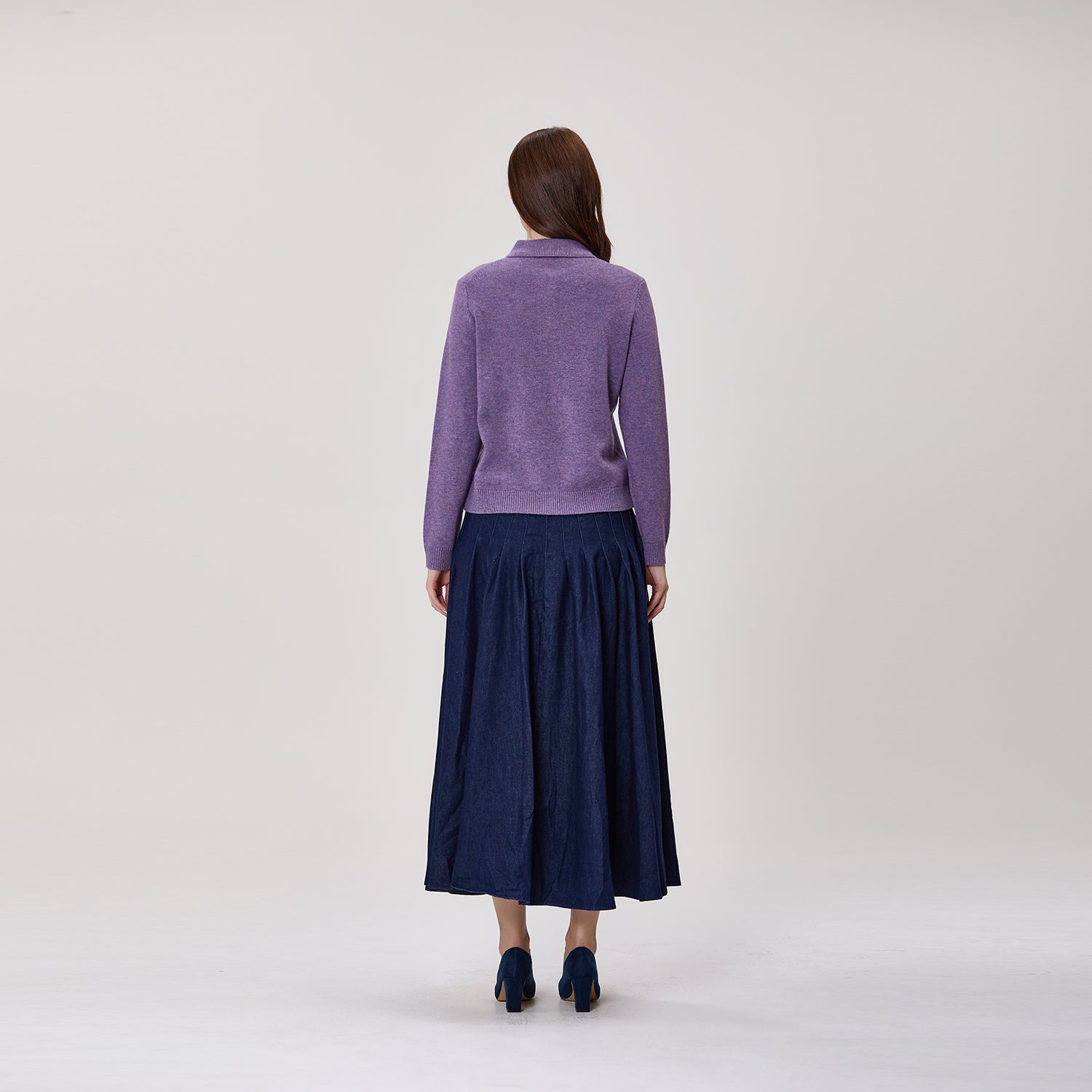 Jupe midi évasée en jean à plis piqués