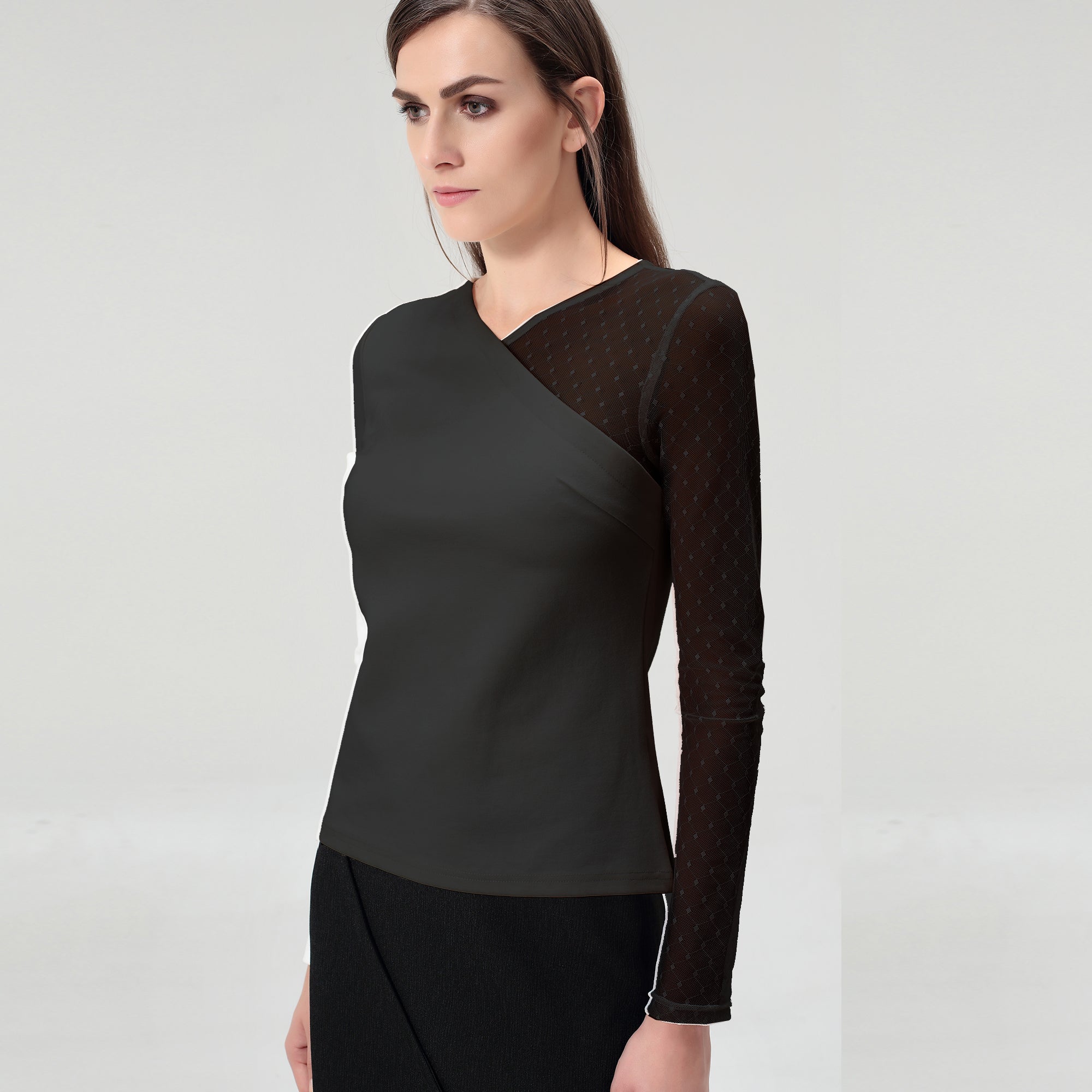 Top manches longues asymétrique en jersey et tulle