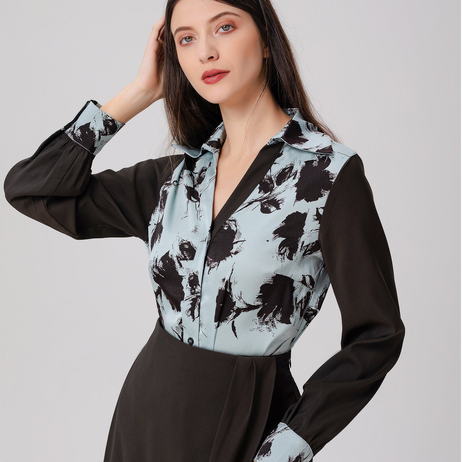 Chemise bi-matières à imprimé floral