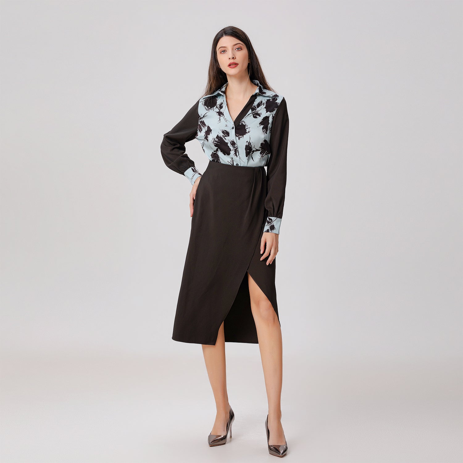Chemise bi-matières à imprimé floral