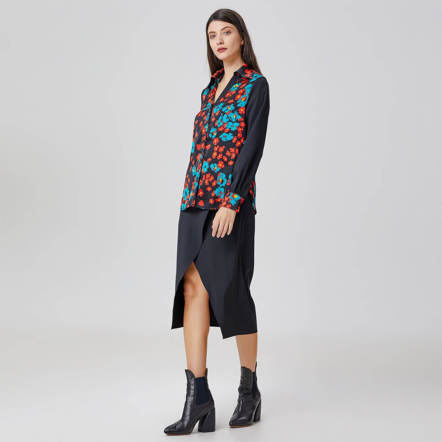 Chemise bi-matières à imprimé floral