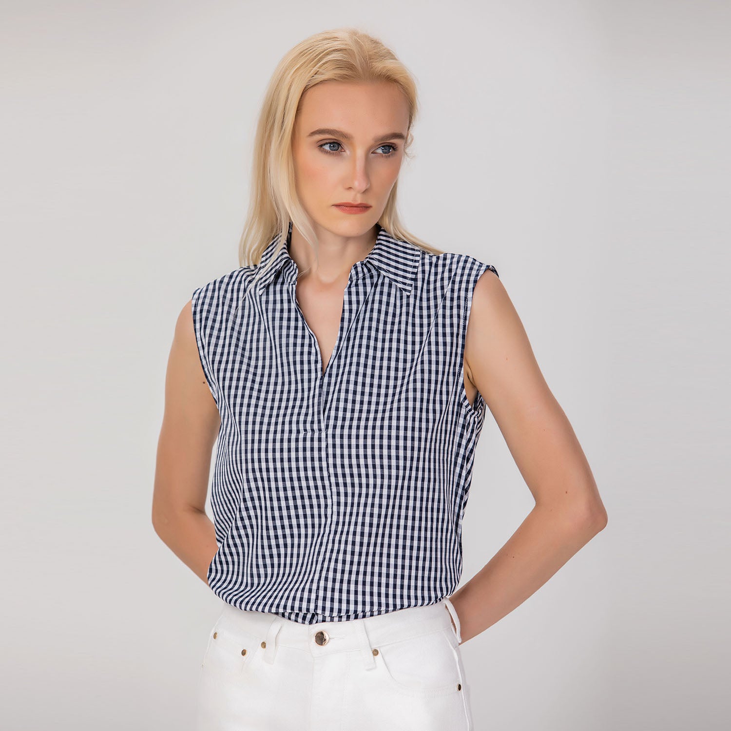 Top sans manches en coton à carreaux vichy