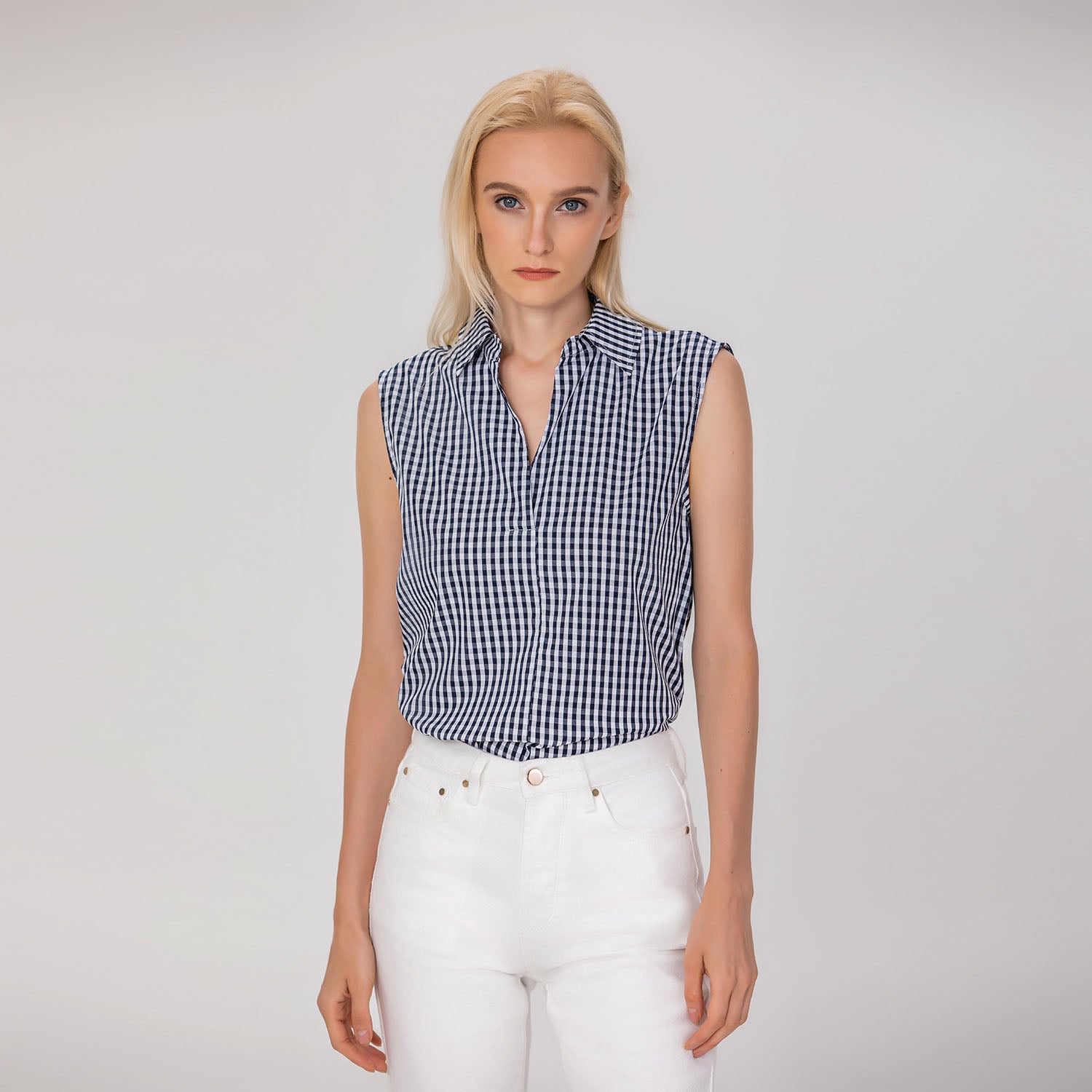 Top sans manches en coton à carreaux vichy