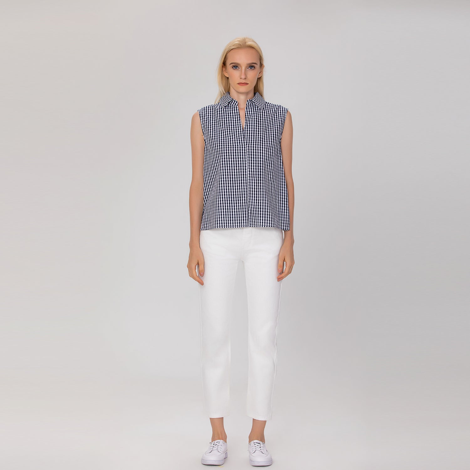 Top sans manches en coton à carreaux vichy