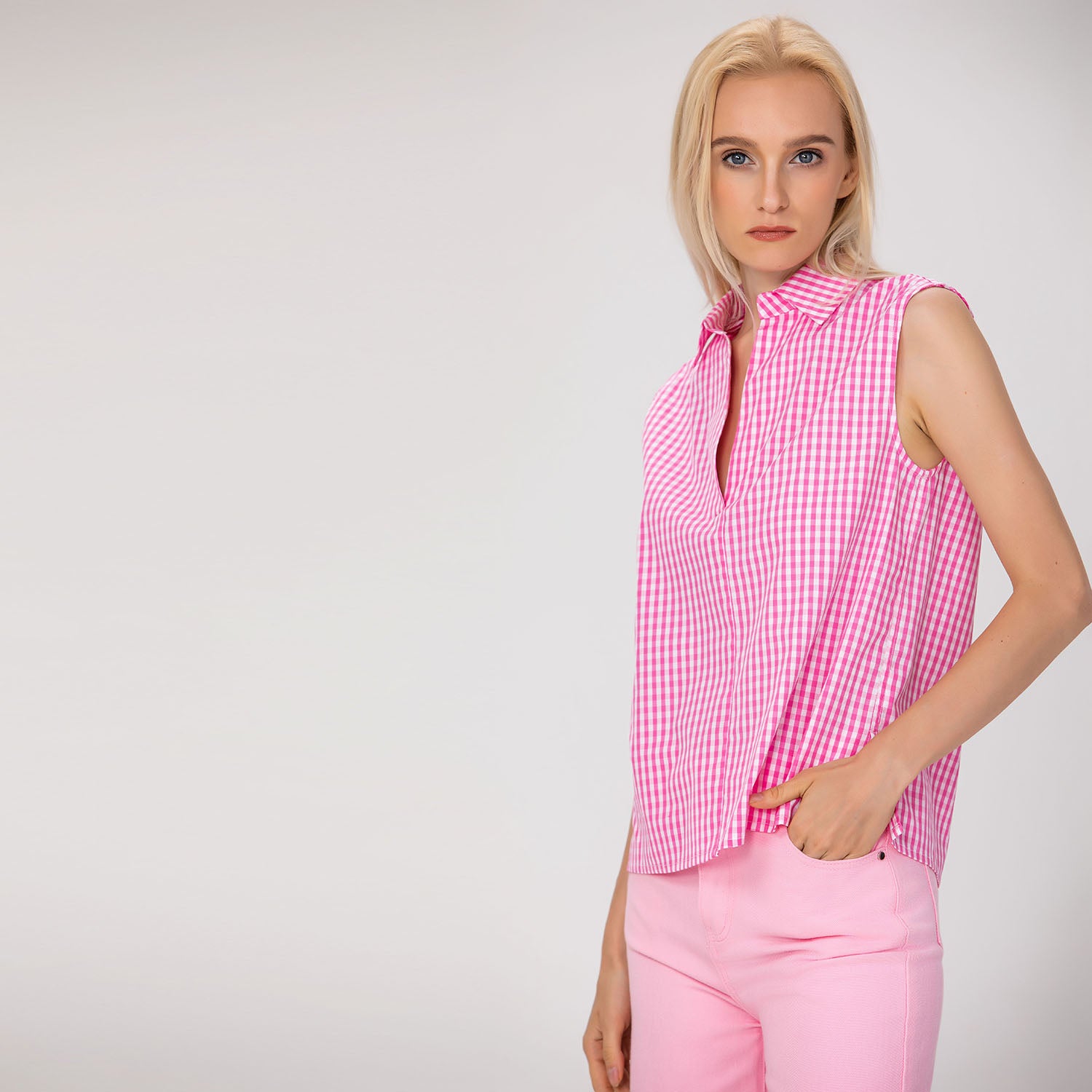 Top sans manches en coton à carreaux vichy