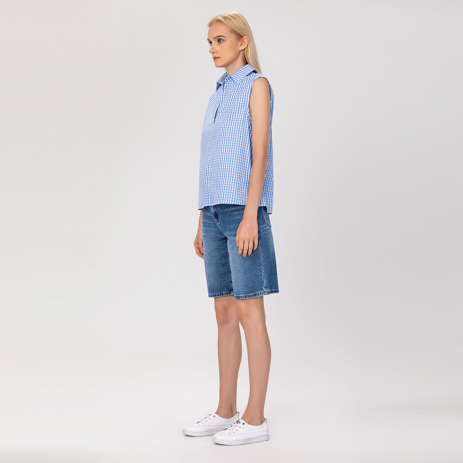 Top sans manches en coton à carreaux vichy