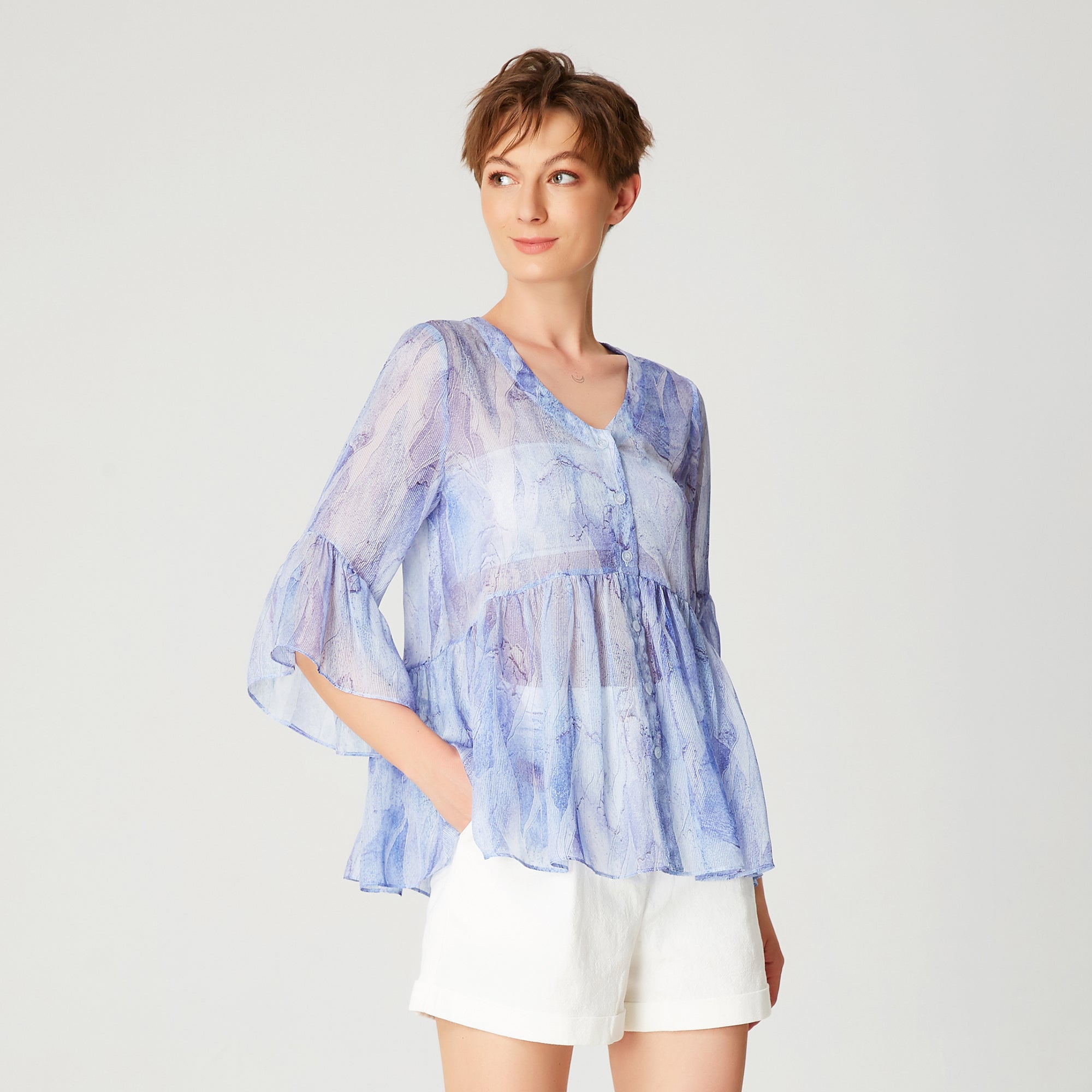 Chemise mousseline à manches-tulipe et imprimé abstrait